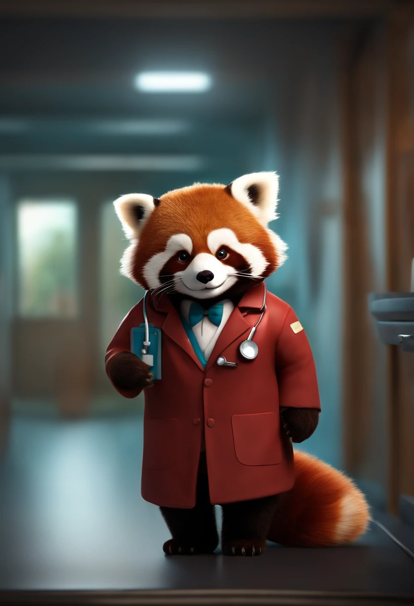 (master part, best quality, CG muito detalhado, detalhes intrincados: 1.2), Papel de parede 8K, master part, best quality, Award-Limited, alta qualidade, Super Detalhe, High detail, pele texturizada, fofo, UHD, anatomicamente correto, Estilo Pixar, (A Cute Red Panda Wearing Doctor's Coat: 1.2), medic, Sorriso doce feliz. conto de fadas, cores brilhantes, luz natural, Foco Facial, fundo simples