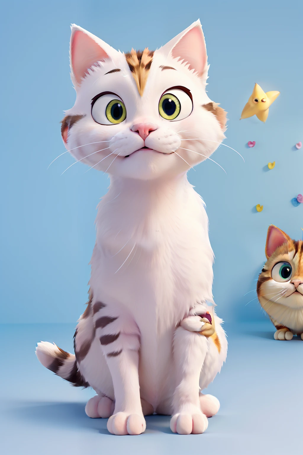 create an image inspired by pixar, containing a cat with long hair and a thin face, white body, white face, pink ears, pink nose, white chin, white paws and yellow eyes. the background of the image is a bed and a blue pillow and the image must have a pixar drawing style with blue colors and write the title "porridge" in blue letters