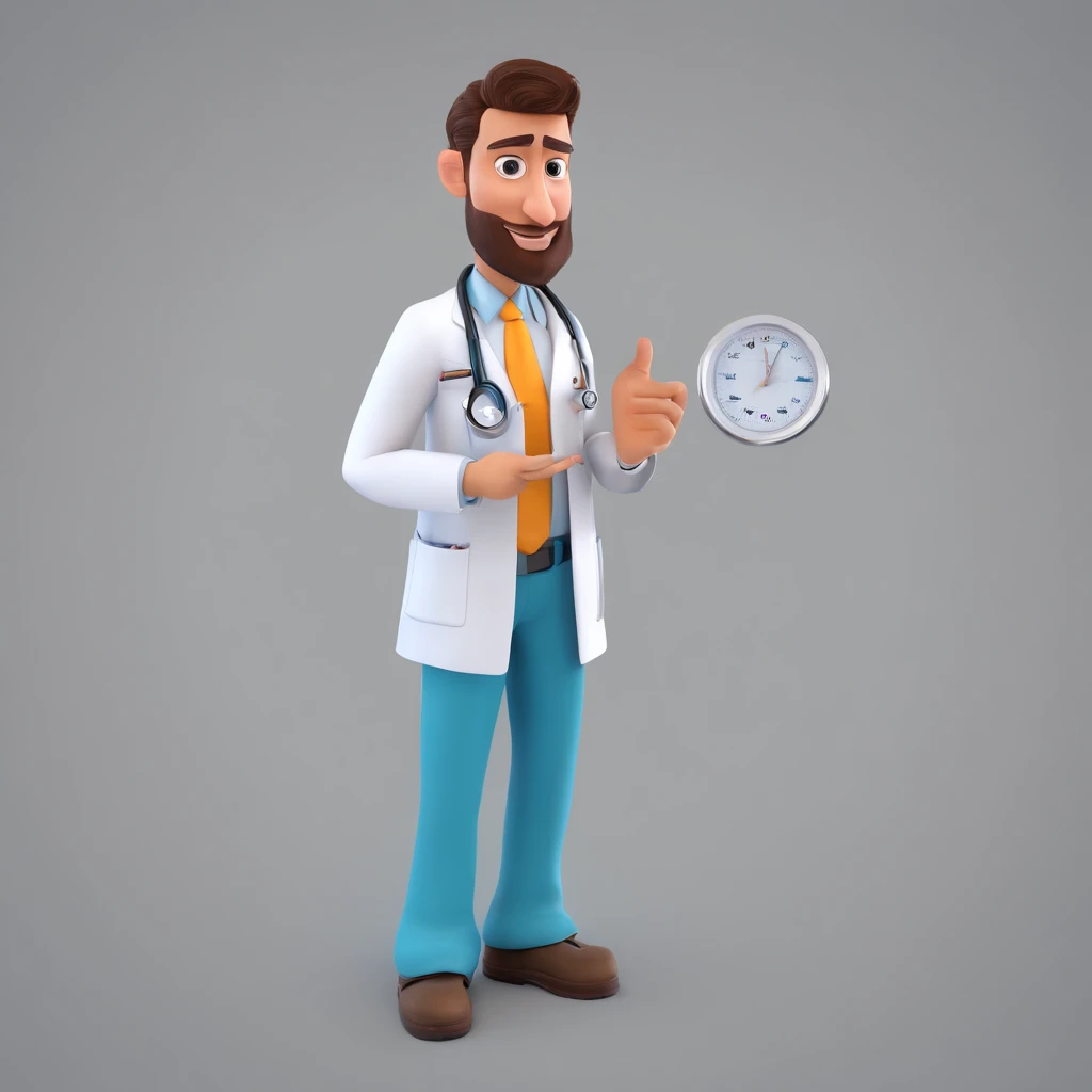 Make a Pixar Style Realistic Poster of 3D Animation. O personagem sem barba, olhos azuis, cabelos loiros penteados para o lado esquerdo, magro, wearing a white doctor's coat, watch on left wrist, Has an Arabian face, 8k, coloque um hospital de fundo, Put on a stethoscope