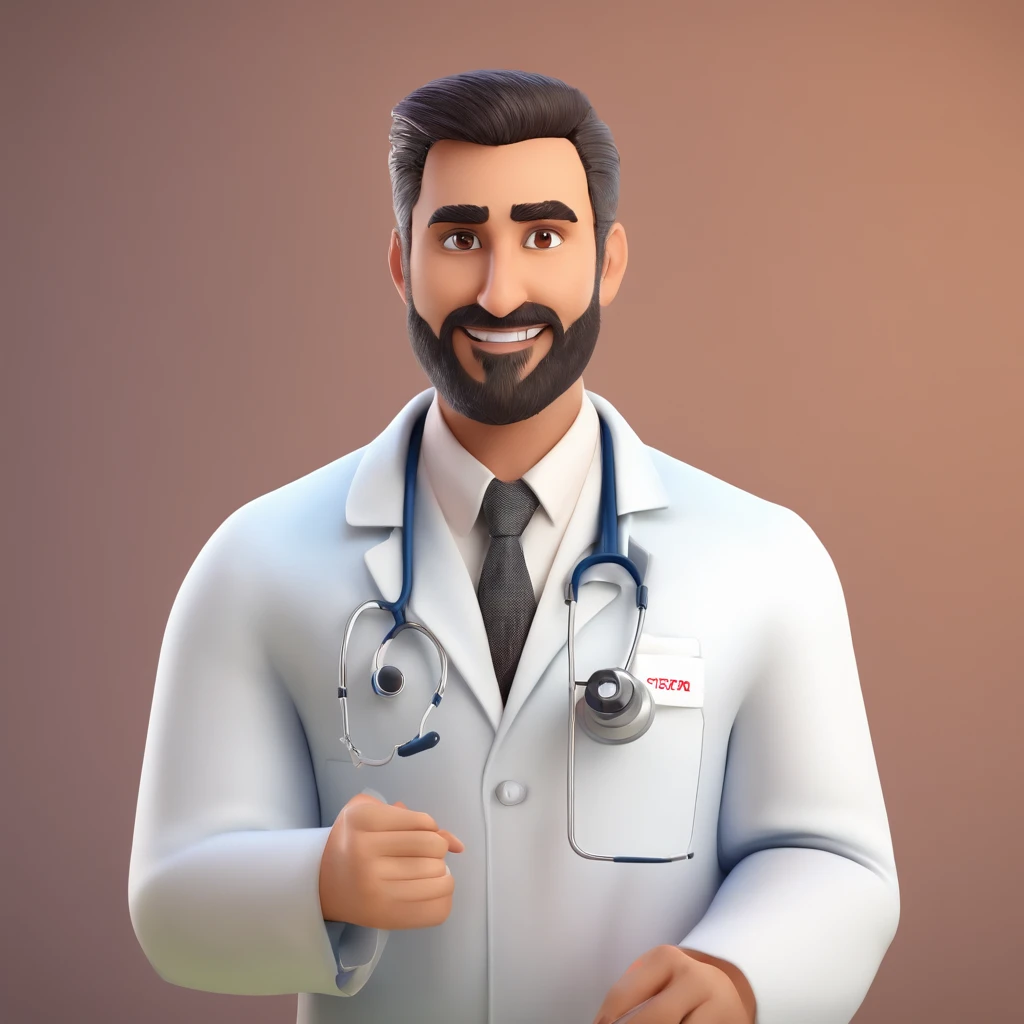 Make a Pixar Style Realistic Poster of 3D Animation. O personagem sem barba, olhos azuis, cabelos loiros penteados para o lado esquerdo, magro, wearing a white doctor's coat, watch on left wrist, Has an Arabian face, 8k, coloque um hospital de fundo, Put on a stethoscope