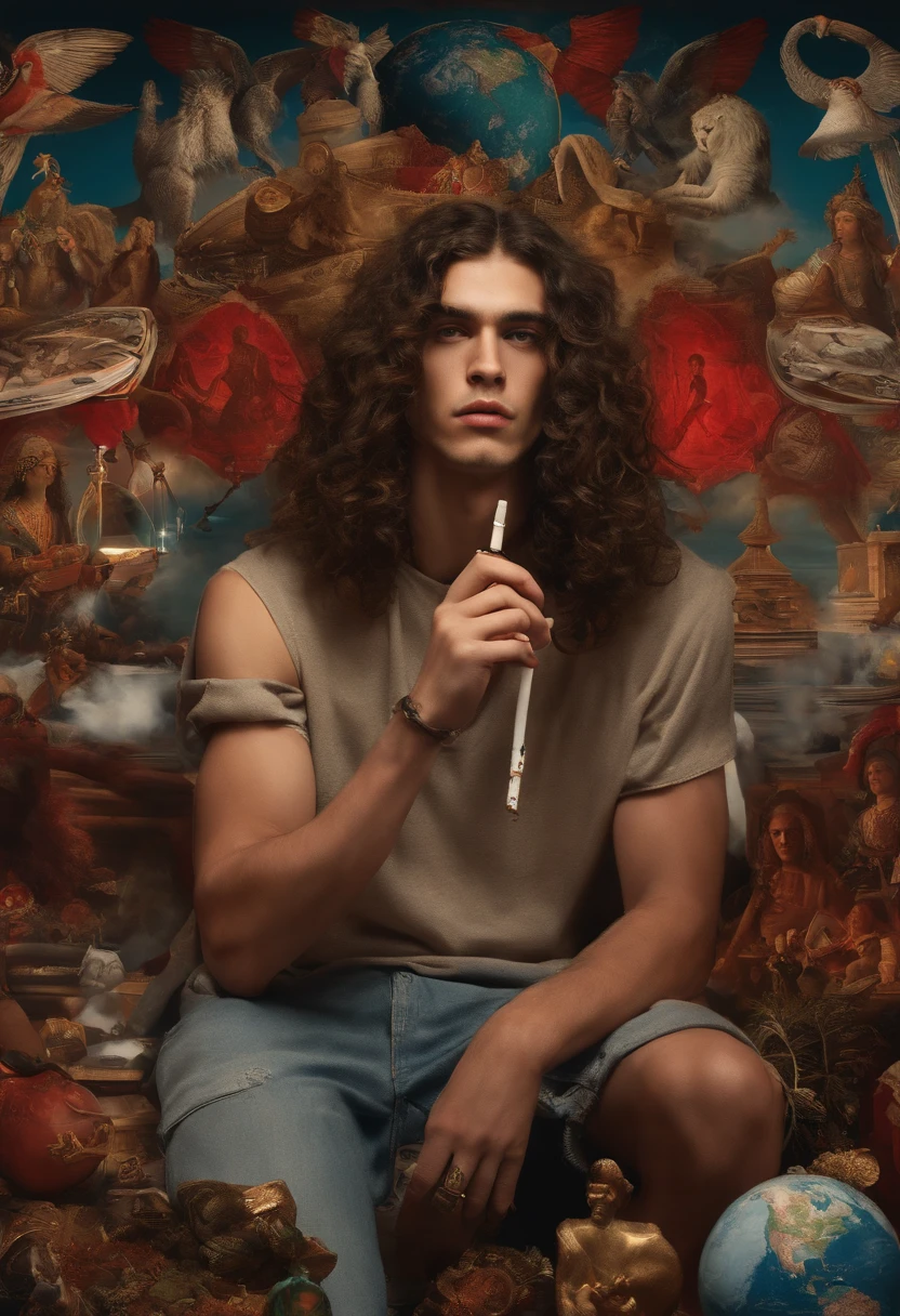 Image of a 21-year-old man with long, slightly curly hair wearing Rick Owens smoking a joint with red eyes surrounded by icons of world conspiracies