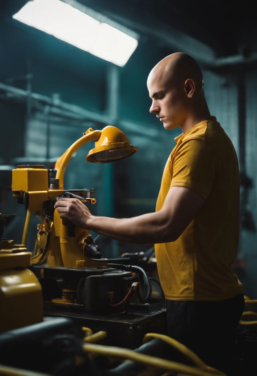 A bald young man doing maintenance on equipment