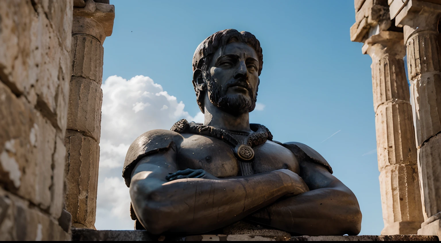 Ancient Stoic Statue With Very Angry Expression, tem barba, muitos detalhes em ambos os olhos, Outside, fundo atenas grego, open sky, com rosto extremamente detalhado full body view, Colors with low saturation with dark tone, Filmado em Sony A7S III com Sony FE 35mm f/1.8, 12.1 MP, --AR 3:2 --estilo cru