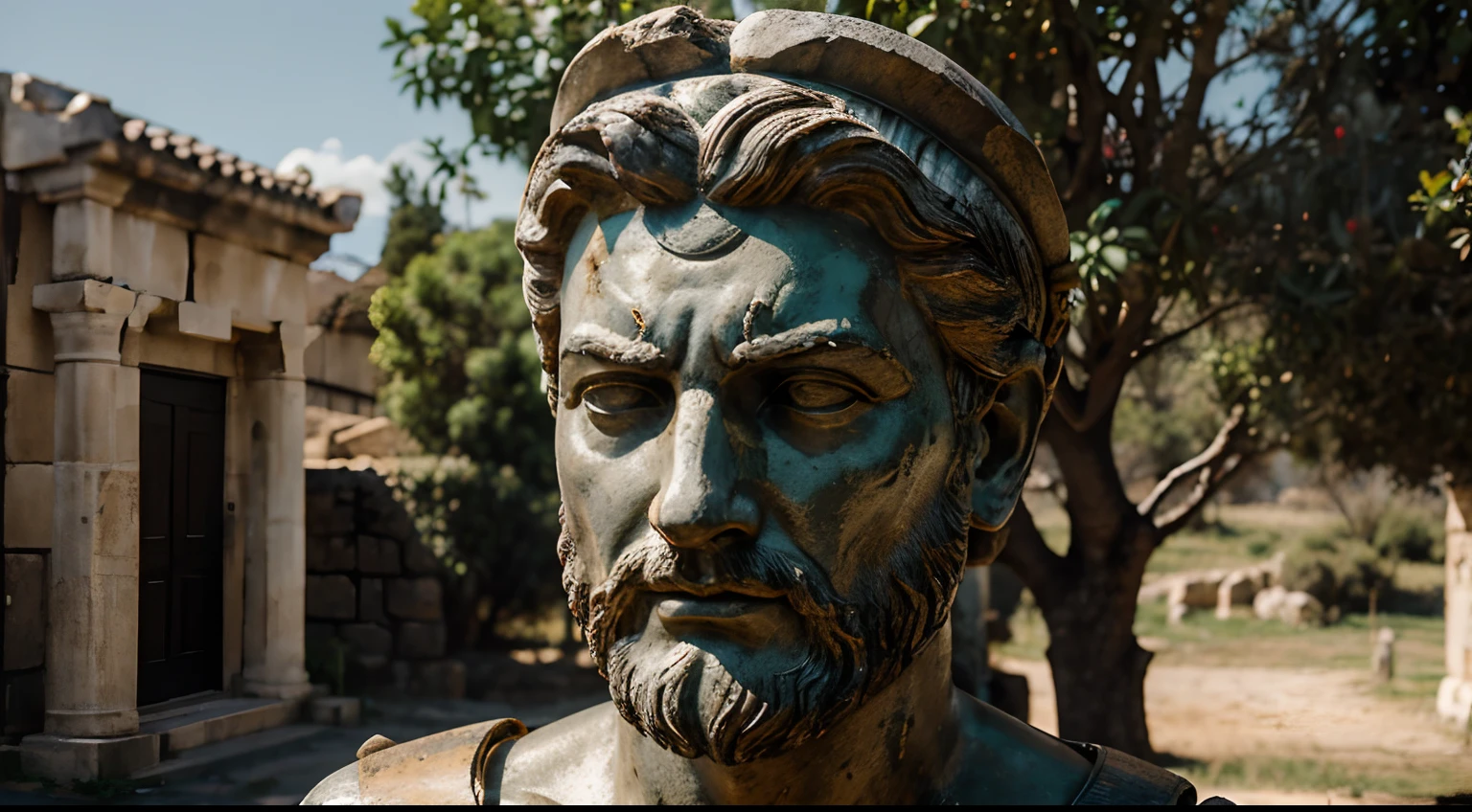 Ancient Stoic Statue With Very Angry Expression, tem barba, muitos detalhes em ambos os olhos, Outside, fundo atenas grego, open sky, com rosto extremamente detalhado full body view, Colors with low saturation with dark tone, Filmado em Sony A7S III com Sony FE 35mm f/1.8, 12.1 MP, --AR 3:2 --estilo cru