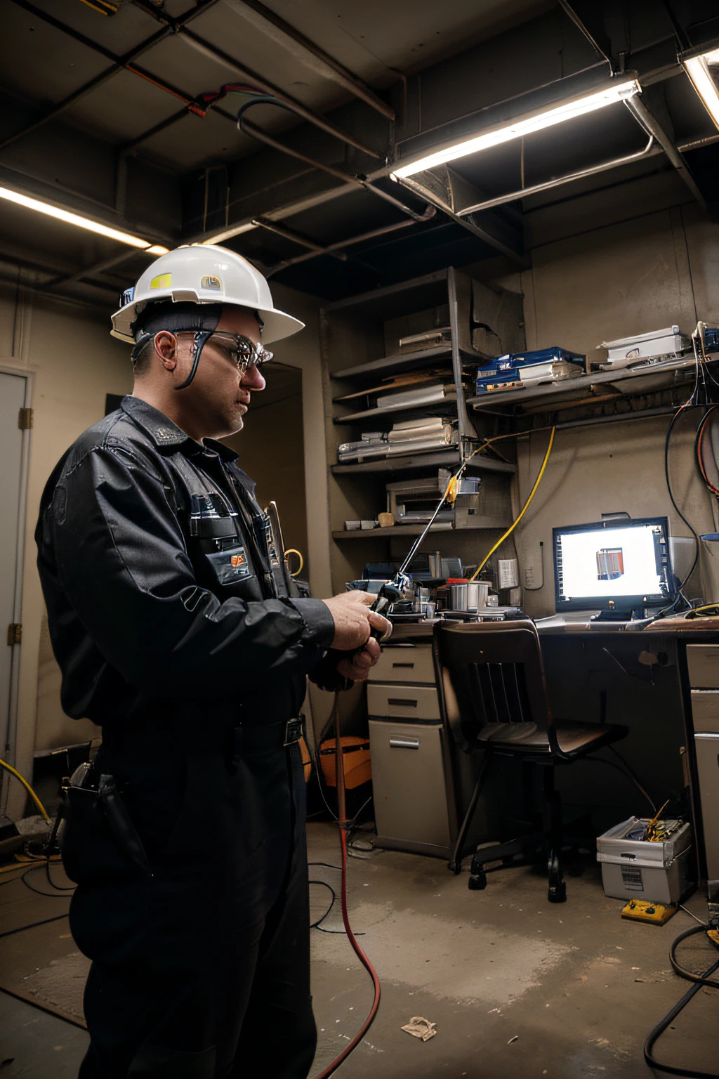 (best quality,4k,ultra-detailed,realistic:1.2),electrician,man,inspecting,installation,wires,precise,professional,attentive,concentrated,working diligently,service technician,electrical expert,carefully examining,critical inspection,meticulous attention to detail,detecting any issues,ensuring safety,technologically advanced equipment,extremely detailed tools,wire cutters,voltmeter,wire tester,advanced electrical devices,circuit breakers,electrical panel,complicated wirings,complex electrical systems,controlled surroundings,sterile environment,working in a well-lit room,equipped with fluorescent lights,highly professional workplace,strict protocols and regulations,protective gear,safety goggles,work gloves,steel-toed boots,reflective vest,hard hat,measuring precise voltages,thoroughly analyzing electric currents,troubleshooting any problems,meticulous record-keeping,thoroughly documenting each step,precision and accuracy,assuring functionality and reliability,guaranteeing seamless performance,ensuring proper grounding,meticulous wire connections,ensuring secure electrical installations,avoiding hazards,maintaining compliance with safety standards,professionalism and expertise