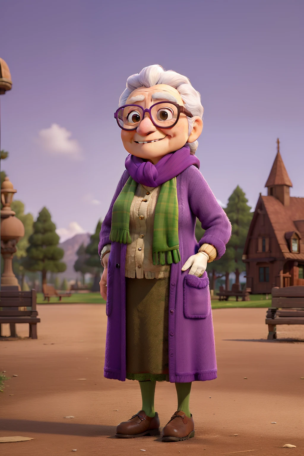 masterpiece, best quality, an old woman with glasses and a scarf on, wearing a purple coat and green scarf, standing at the park