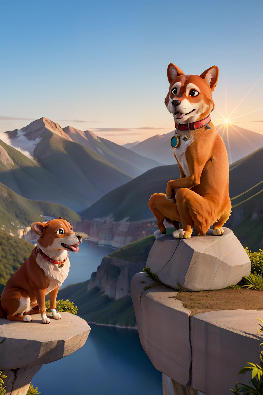 Alta qualidade, duas montanhas e uma corda ligando o topo das duas montanhas, um cachorro se equilibrando na corda, Sea Looming Behind, The sun sets behind the mountain