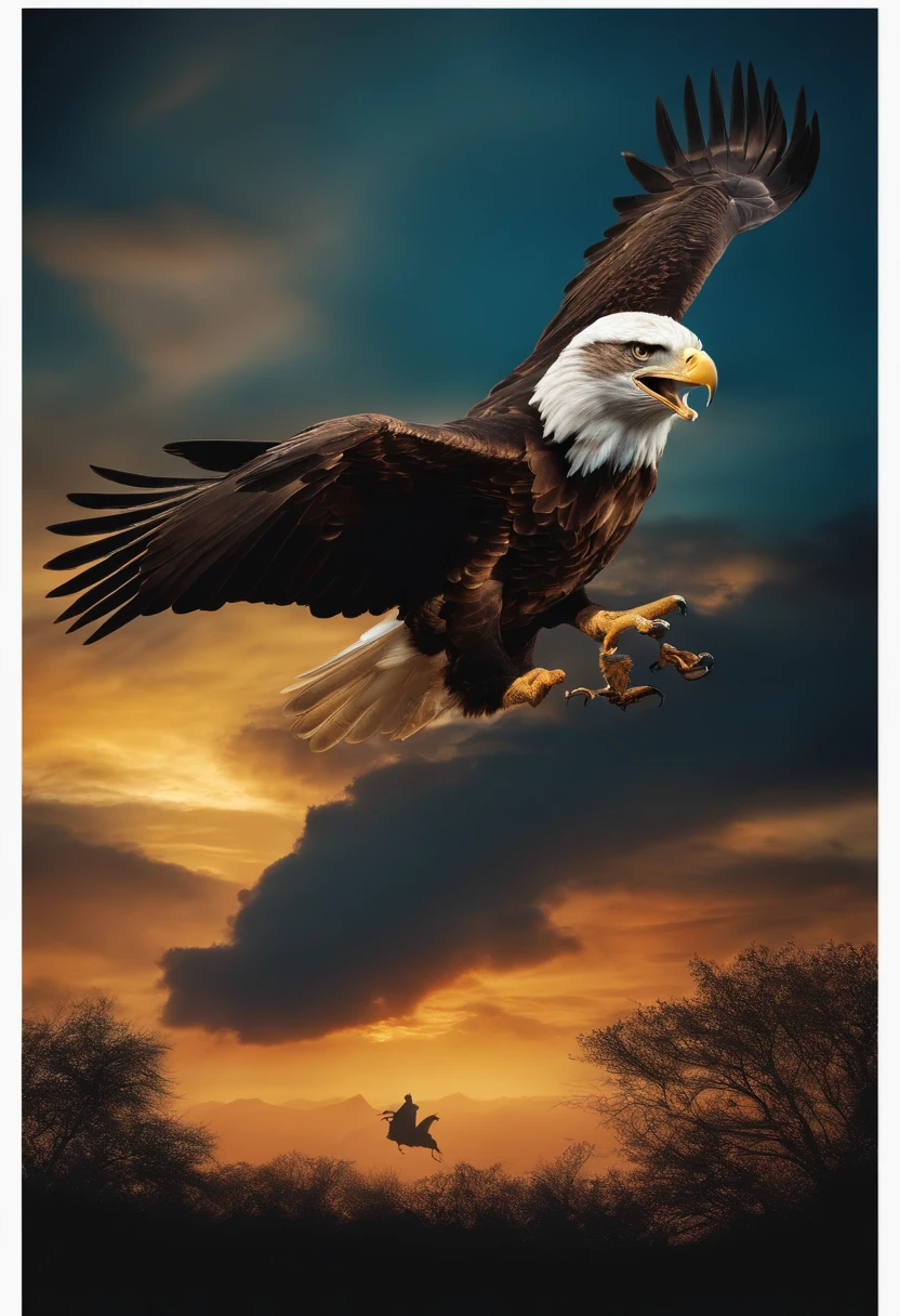 Create image of an eagle flying in the sky as a predator and a rat dressed in a Hamas shirt