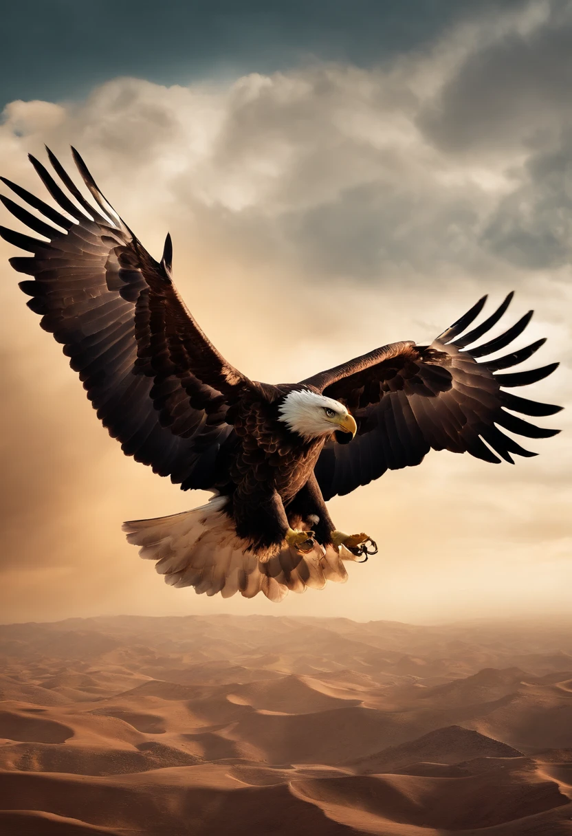 Create image of an eagle flying in the sky as a predator and a rat dressed in a Hamas shirt