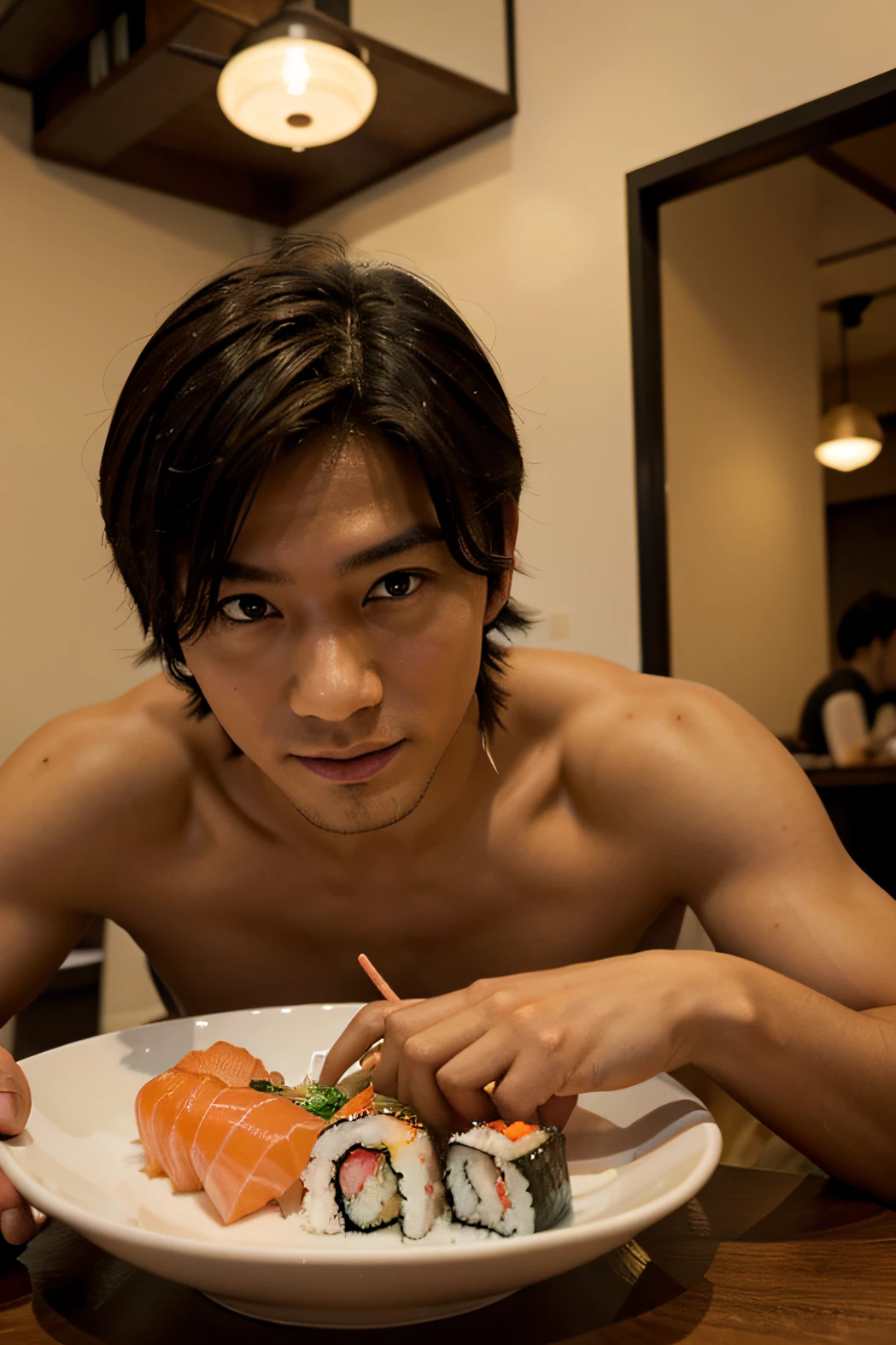 homme japonais dans un restaurant a sushi qui regarde la caméra