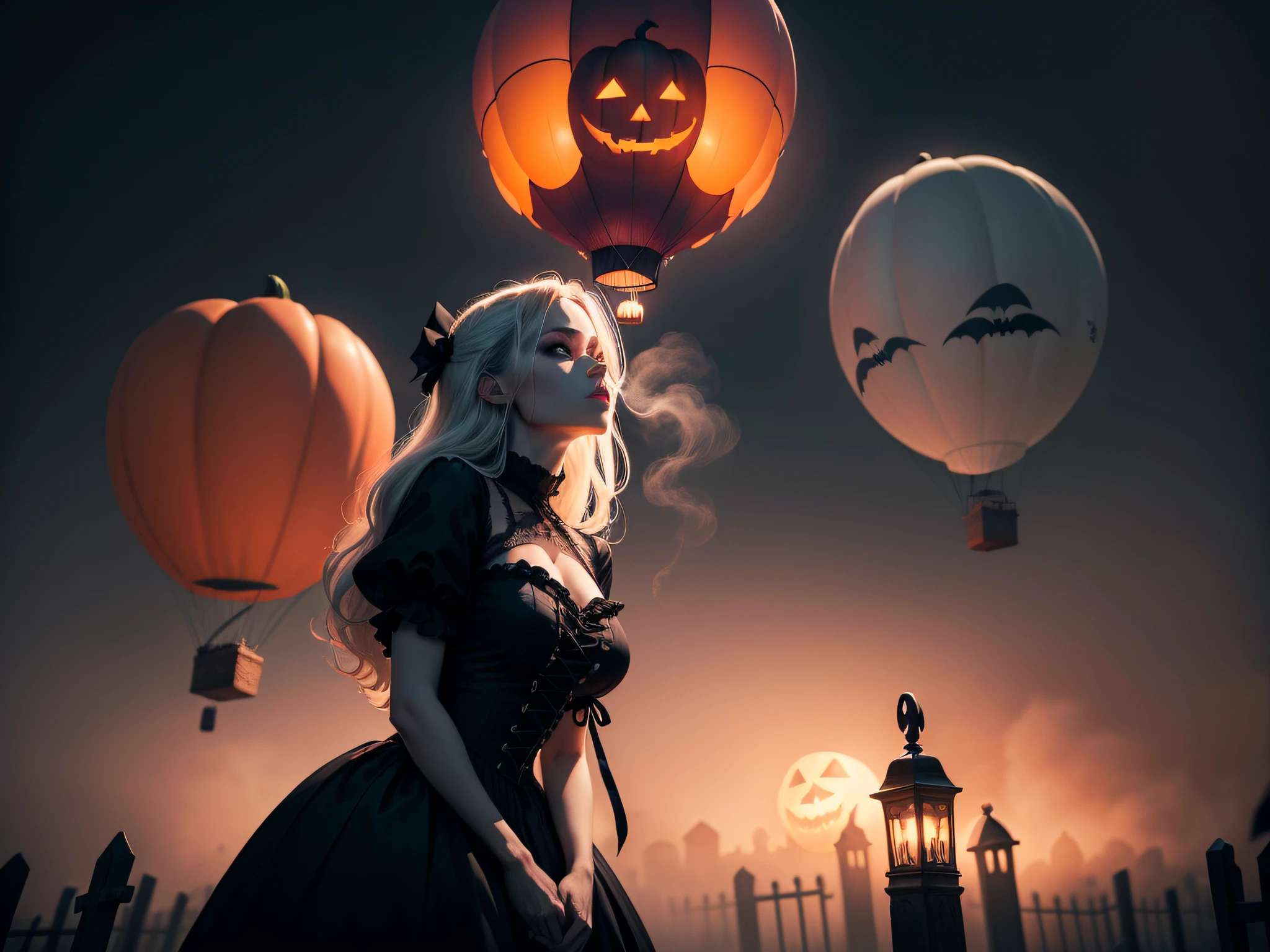 A chilling spectacle of hot air balloons, designed with 'Halloween-core' themes, floating over a foggy graveyard bathed in moonlight. Hauntingly beautiful, the atmosphere is accentuated with shades of orange, black, and purple fitting of the Halloween night. Think along the lines of Tim Burton's macabre aesthetics, creating a realistic 4K UHD masterpiece.