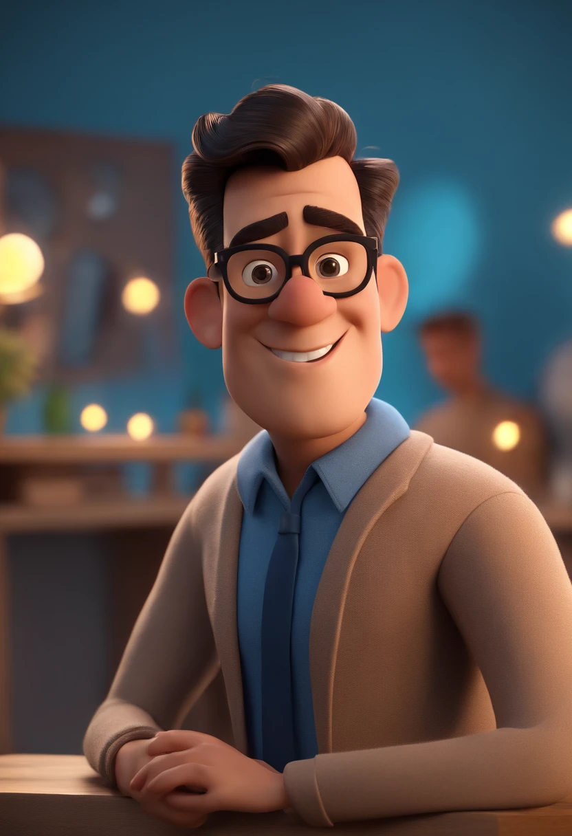 Cartoon character of a man wearing black glasses and a blue shirt, um personagem animado, Caractere estilizado, animation style rendering, 3D estilizado, Arnold Maya render, 3 d render stylized, toon render keyshot, Personagem 3D, Personagem 3D, 3d rendering stylized, 3 d character render, personagem de desenho animado, Personagem de close up, Pose de personagem, (Estilo Pixar) (master part:1.2) (Bokeh) (best quality) (pele detalhada) (textura detalhada) (8k) (argila) (Cinematic lighting) (foco nítido,Senta e vaza a parte superior do corpo