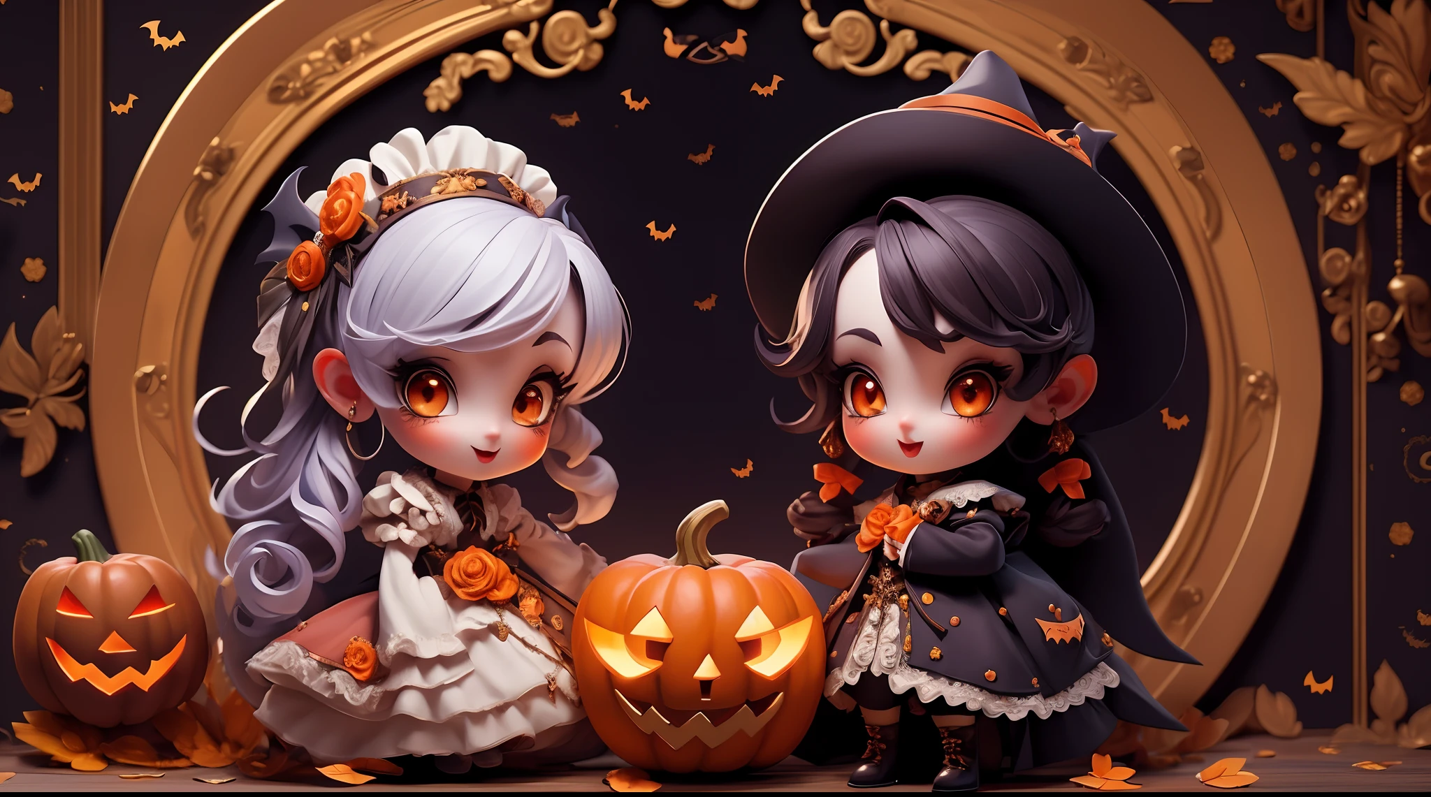 (masterpiece), (((highest quality)), (hightly detailed), create a cute Halloween Illustration of two vampires in love, epic artwork, high illumination, neo victorian, magical aura