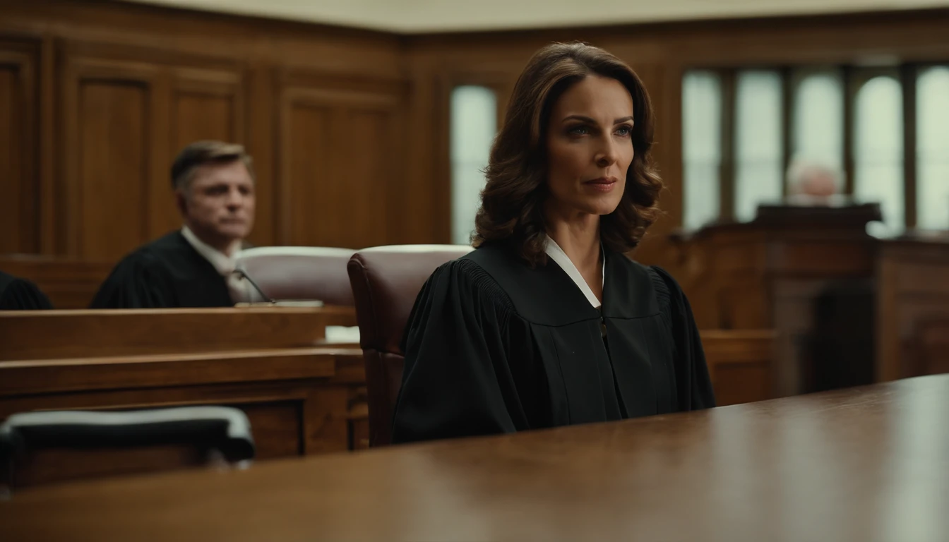 Describe a female judge in a courtroom using detailed language. Include information about physical appearance, como cabelo, Eyes and facial expression, as well as the typical attire of a judge. Emphasize traits that highlight your authority and impartiality in court.