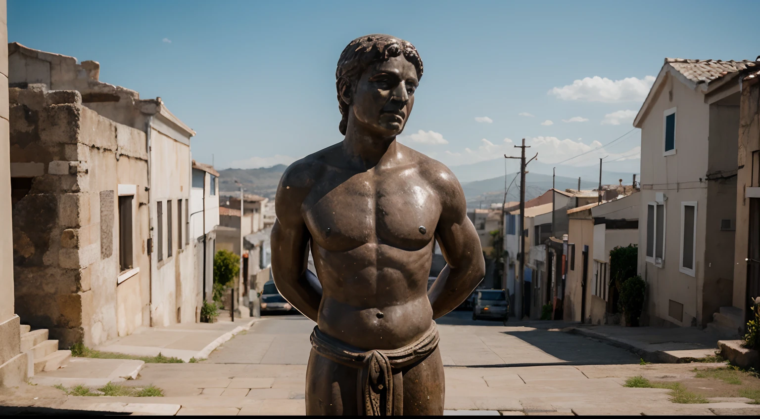 Ancient Stoic Statue With Very Angry Expression, tem barba, muitos detalhes em ambos os olhos, Outside, fundo atenas grego, open sky, com rosto extremamente detalhado full body view, Colors with low saturation with dark tone, Filmado em Sony A7S III com Sony FE 35mm f/1.8, 12.1 MP, --AR 3:2 --estilo cru