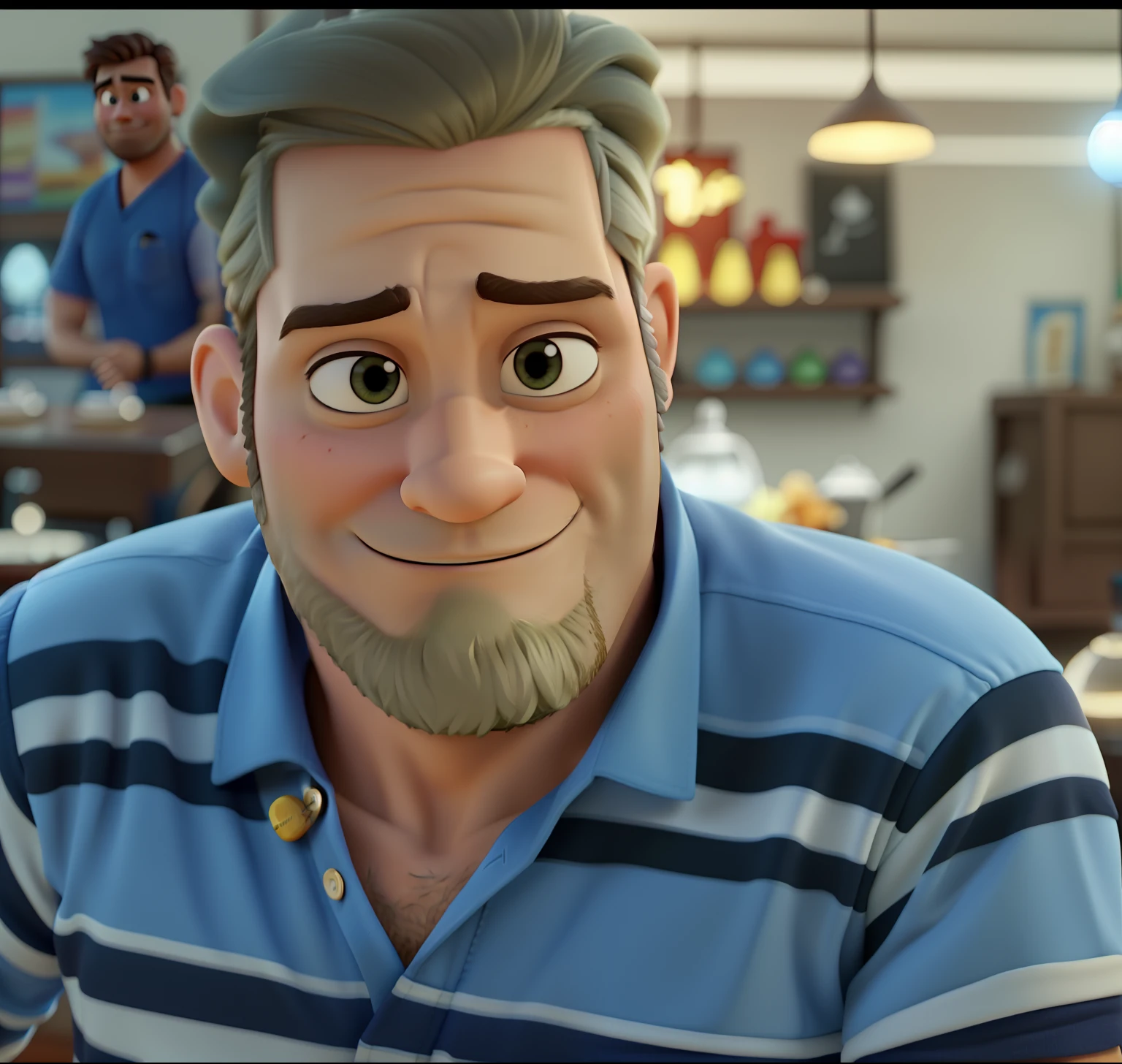 Poster no estilo Disney pixar, alta qualidade, melhor qualidade, homem sexy branco, 30 anos cabelo grisalho barba preta, musculoso, com fundo em um restaurante a luz de velas