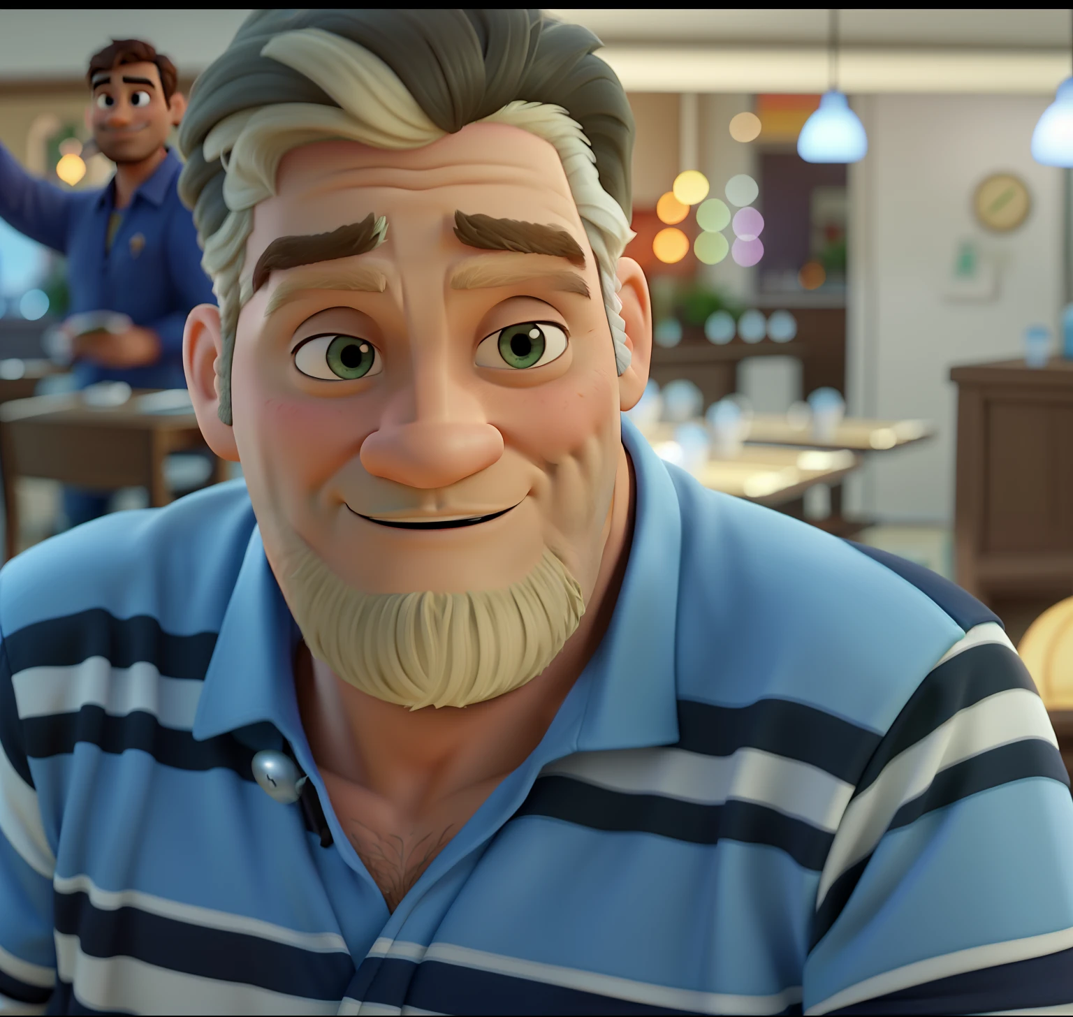 Poster no estilo Disney pixar, alta qualidade, melhor qualidade, homem sexy branco, 30 anos cabelo grisalho barba preta, musculoso, com fundo em um restaurante a luz de velas