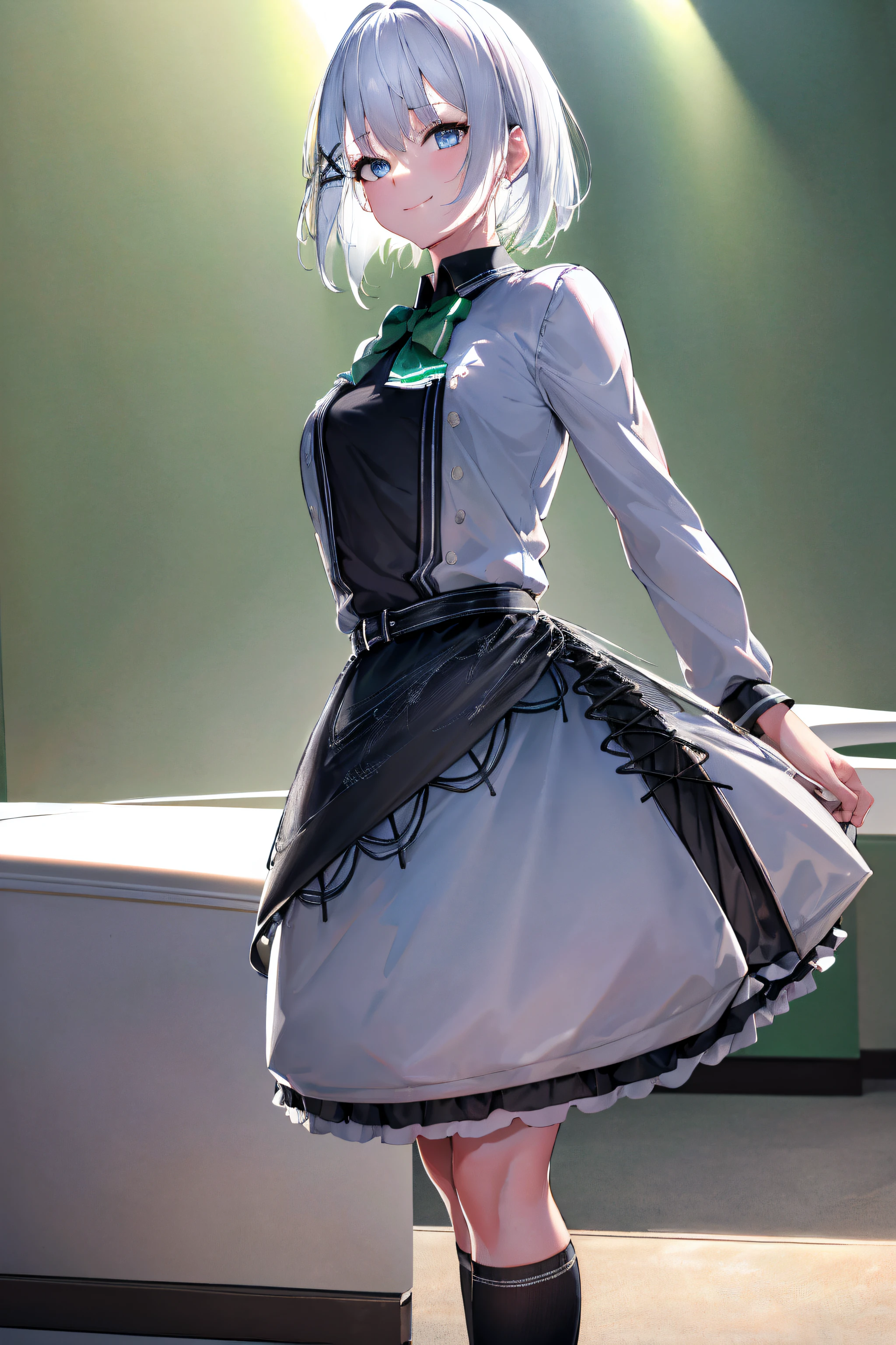 masterpiece, best quality, highres, 1girl white hair blue eyes x hair ornament,black footwear, kneehighs, green skirt, black socks, loafers, green bow, sweater vest, green ribbon, standing, leaning forward, arms behind back, smile, simple background,NSFW,official art,extremely detailed CG unity 8k wallpaper, perfect lighting, (masterpiece:1.0),(best_quality:1.0), ultra high res,4K,ultra-detailed, photography, 8K, HDR, highres, absurdres:1.2, Kodak portra 400, film grain, blurry background, bokeh:1.2, lens flare, (vibrant_color:1.2),(beautiful_face:1.5),(narrow_waist),(perfect hands, perfect anatomy),