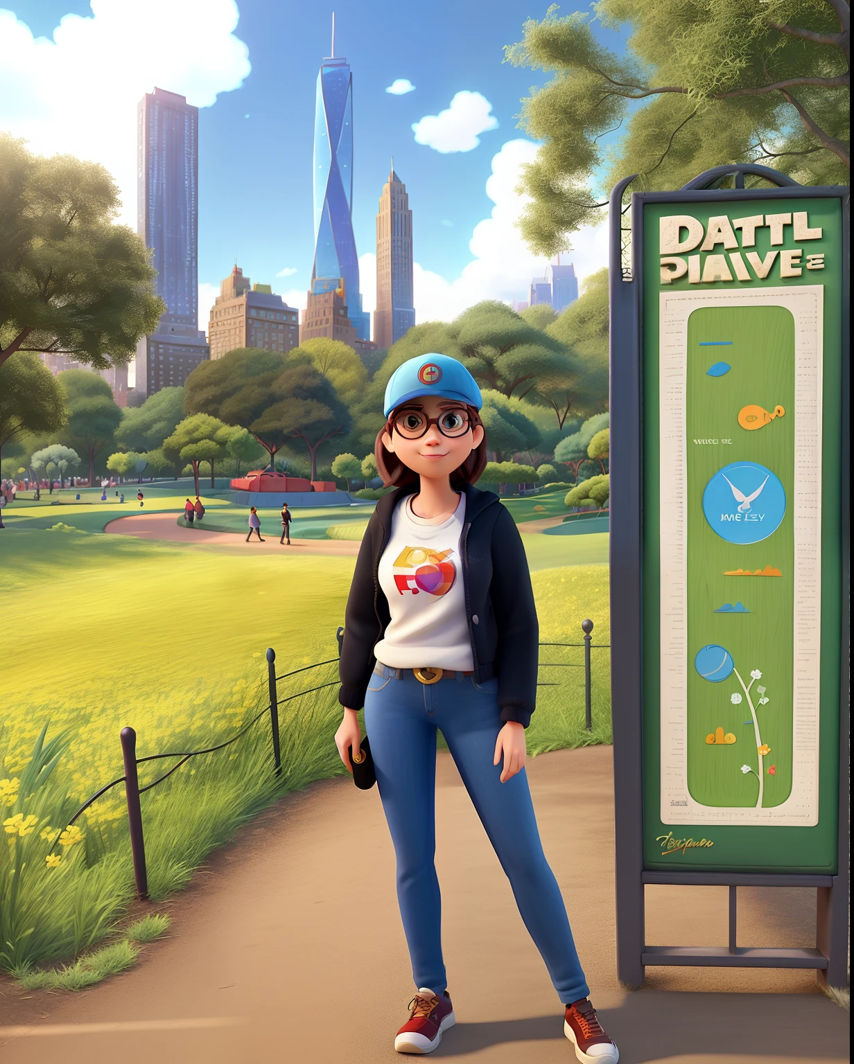 A movie poster inspired by the signature digital art style of Disney Pixar. A woman in a cap and sunglasses posing for a photo in Central Park The background should be rich in vibrant colors, complemented by meticulous textures reminiscent of Pixar's renowned animations. The overall composition should capture the essence of an epic adventure, drawing viewers into the world of the story.