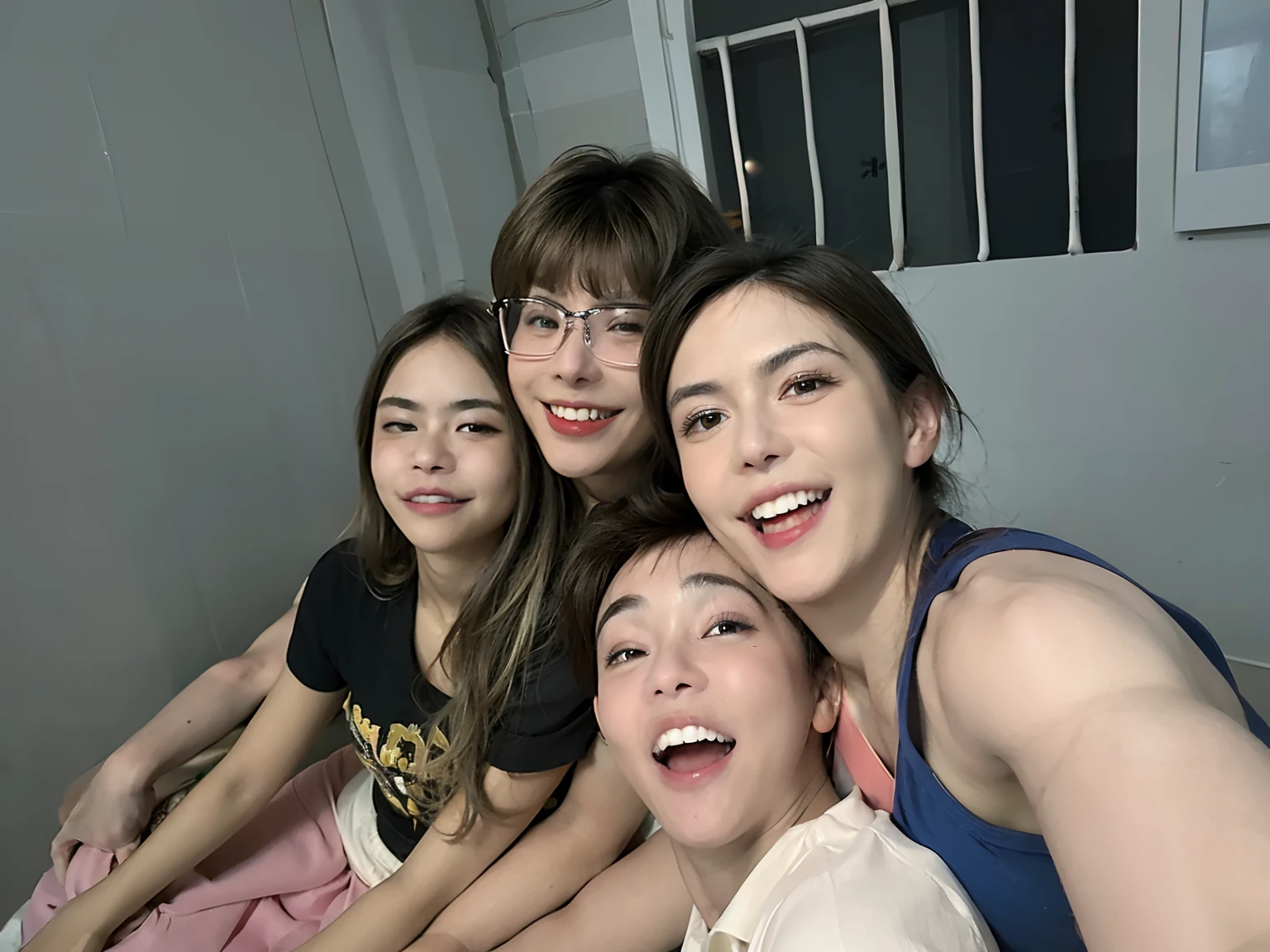 There are four people sitting on a bed smiling for a picture, Happy family, foto Selfie, Directed by: Nandor Soldier, Pessoas alegres na casa, foto de perfil 1024px, happily smiling at the camera, Fotografia tirada em 2 0 2 0, Malika Favre, family portrait, Selfie!!!!!, divertindo-se