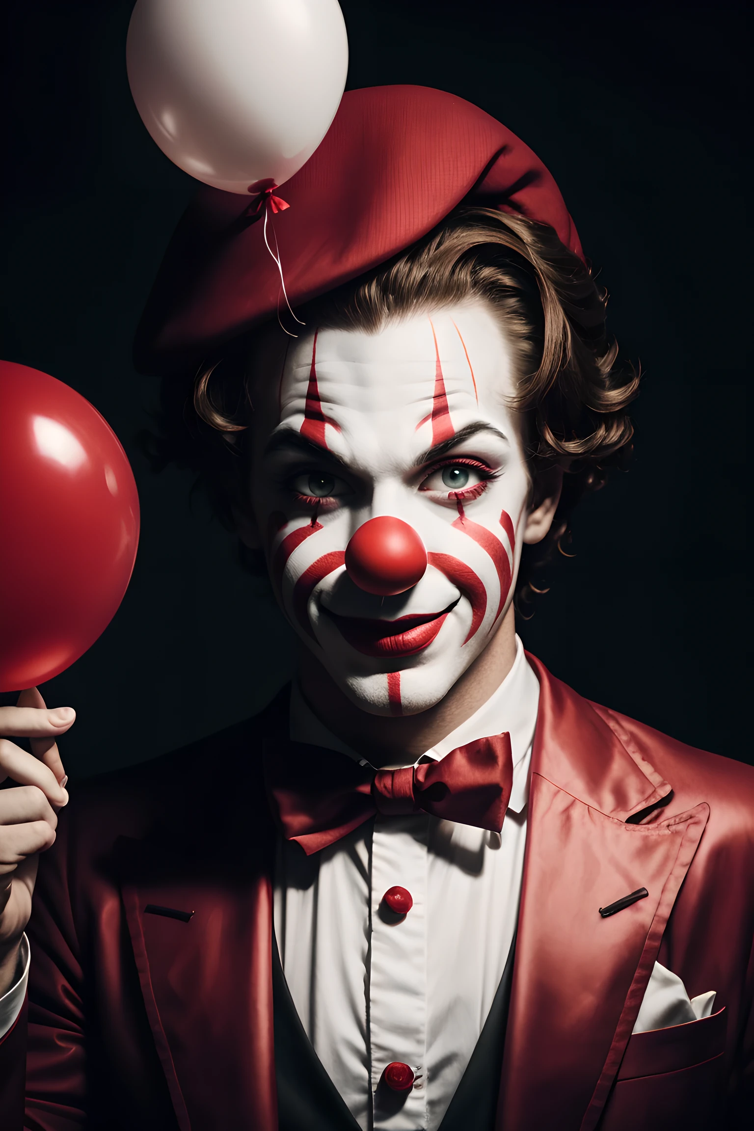 Circus clown in costume(Red nose，White makeup)Close-up of the whole body，Holding a red balloon in his hand，Smiling, Dim lighting, spooky ambiance