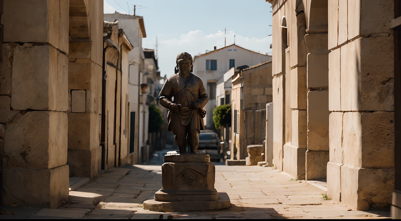 Ancient Stoic Statue With Very Angry Expression, tem barba, muitos detalhes em ambos os olhos, Outside, fundo atenas grego, open sky, com rosto extremamente detalhado full body view, Colors with low saturation with dark tone, Filmado em Sony A7S III com Sony FE 35mm f/1.8, 12.1 MP, --AR 3:2 --estilo cru