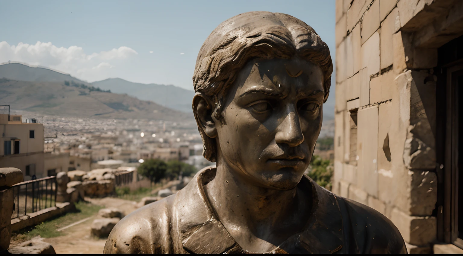Ancient Stoic Statue With Very Angry Expression, tem barba, muitos detalhes em ambos os olhos, Outside, fundo atenas grego, open sky, com rosto extremamente detalhado full body view, Colors with low saturation with dark tone, Filmado em Sony A7S III com Sony FE 35mm f/1.8, 12.1 MP, --AR 3:2 --estilo cru