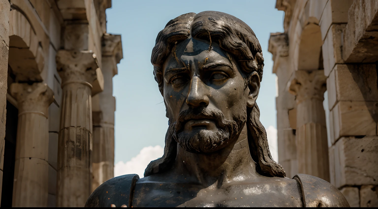 Ancient Stoic Statue With Very Angry Expression, tem barba, muitos detalhes em ambos os olhos, Outside, fundo atenas grego, open sky, com rosto extremamente detalhado full body view, Colors with low saturation with dark tone, Filmado em Sony A7S III com Sony FE 35mm f/1.8, 12.1 MP, --AR 3:2 --estilo cru