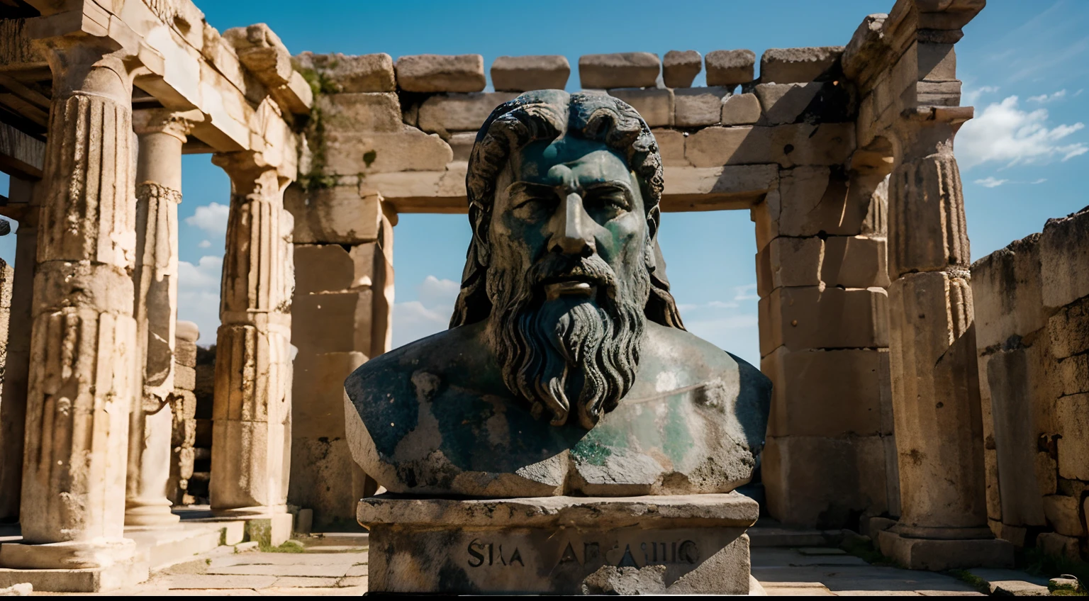 Ancient Stoic Statue With Very Angry Expression, tem barba, muitos detalhes em ambos os olhos, Outside, fundo atenas grego, open sky, com rosto extremamente detalhado full body view, Colors with low saturation with dark tone, Filmado em Sony A7S III com Sony FE 35mm f/1.8, 12.1 MP, --AR 3:2 --estilo cru