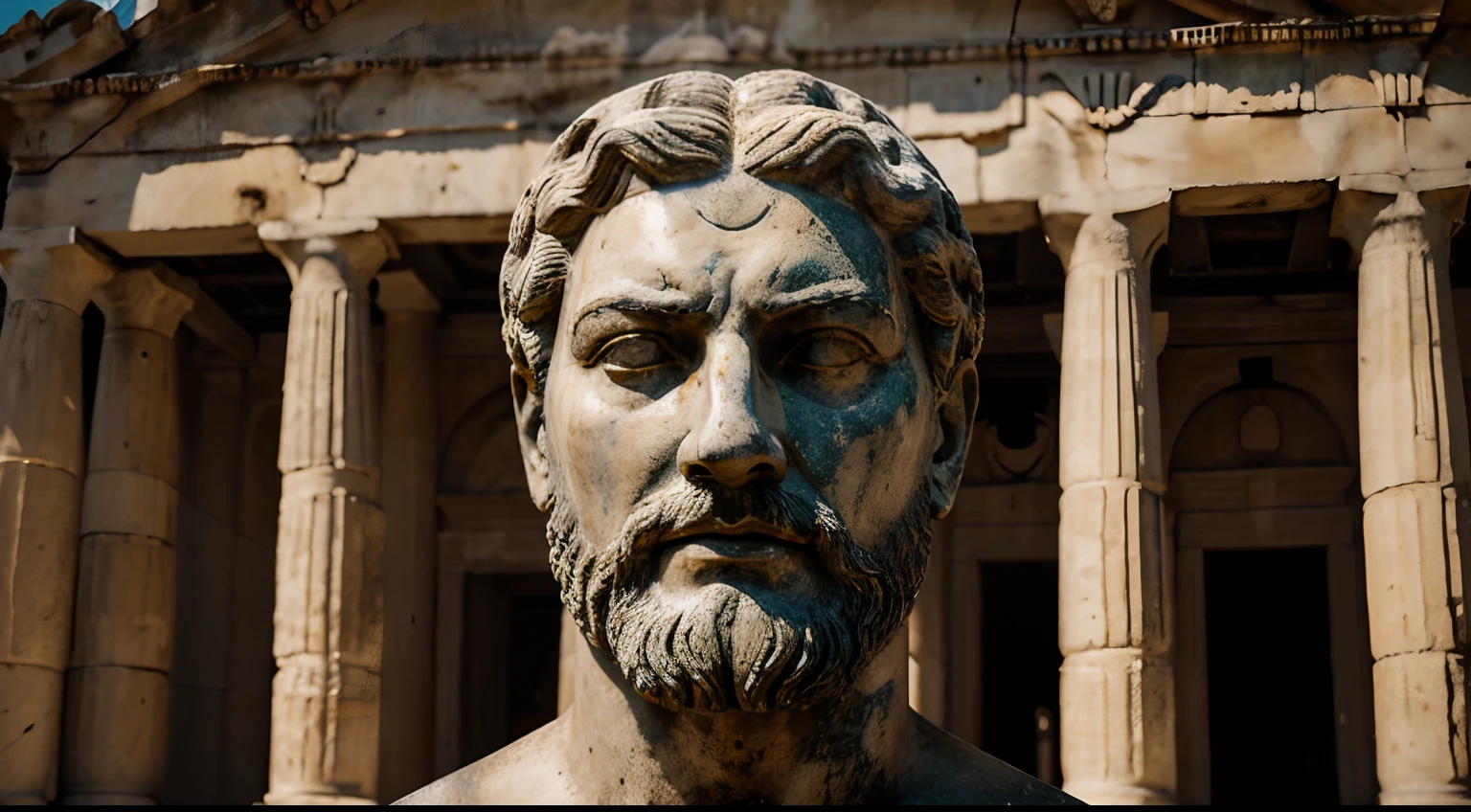 Ancient Stoic Statue With Very Angry Expression, tem barba, muitos detalhes em ambos os olhos, Outside, fundo atenas grego, open sky, com rosto extremamente detalhado full body view, Colors with low saturation with dark tone, Filmado em Sony A7S III com Sony FE 35mm f/1.8, 12.1 MP, --AR 3:2 --estilo cru