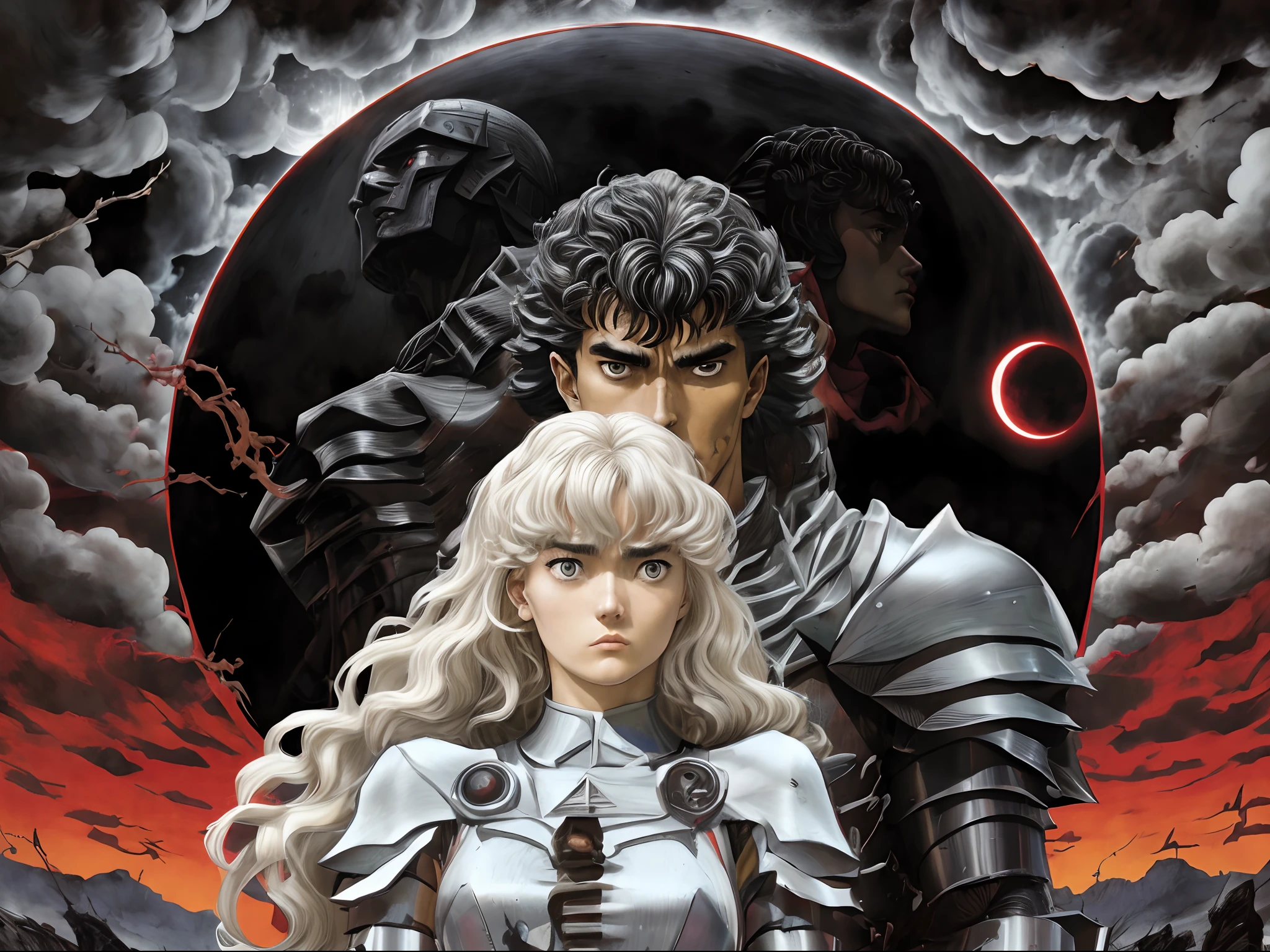 Anime poster of a woman and a man in armor in front of a moon, Estilo de arte Berserk, Griffith, Berserk, Griffith, de Furioso, Furioso, Estilo Berserk, sangue de Furioso, Furious manga, Obra-prima de Noriyoshi Ohrai, Directed by: Noriyoshi Ohrai, em Berserk Manga, arte chave, Artista Katsuhiro Otomo