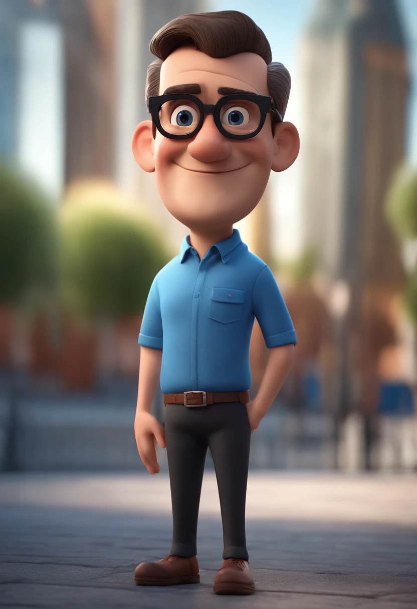 Cartoon character of a man with black glasses and a blue shirt, animation character, Caractere estilizado, animation style rendering, 3D estilizado, Arnold Maya render, 3 d render stylized, toon render keyshot, Personagem 3D, Personagem 3D, 3d rendering stylized, 3 d character render, personagem de desenho animado, Personagem de close up, Pose de personagem, (Estilo Pixar) (master part:1.2) (Bokeh) (best quality) (pele detalhada) (textura detalhada) (8k) (argila) (Cinematic lighting) (foco nítido