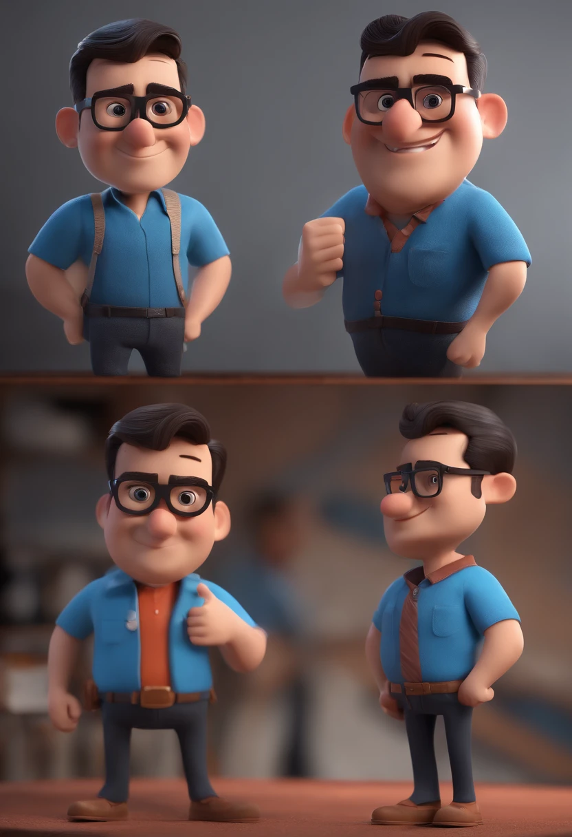 Cartoon character of a man with black glasses and a blue shirt, animation character, Caractere estilizado, animation style rendering, 3D estilizado, Arnold Maya render, 3 d render stylized, toon render keyshot, Personagem 3D, Personagem 3D, 3d rendering stylized, 3 d character render, personagem de desenho animado, Personagem de close up, Pose de personagem, (Estilo Pixar) (master part:1.2) (Bokeh) (best quality) (pele detalhada) (textura detalhada) (8k) (argila) (Cinematic lighting) (foco nítido