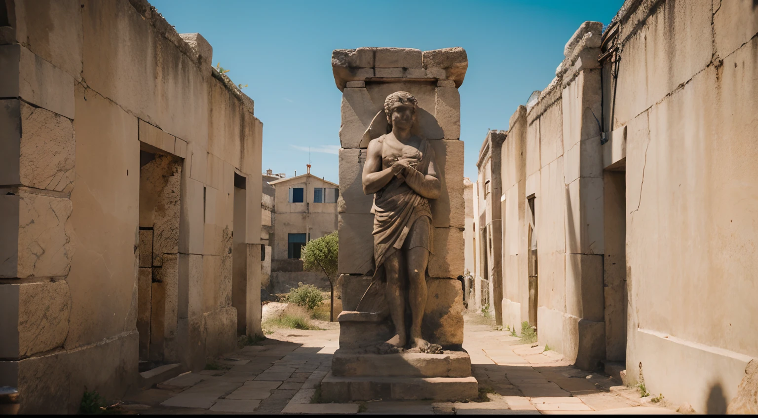 Ancient Stoic Statue With Very Angry Expression, tem barba, muitos detalhes em ambos os olhos, Outside, fundo atenas grego, open sky, com rosto extremamente detalhado full body view, Colors with low saturation with dark tone, Filmado em Sony A7S III com Sony FE 35mm f/1.8, 12.1 MP, --AR 3:2 --estilo cru