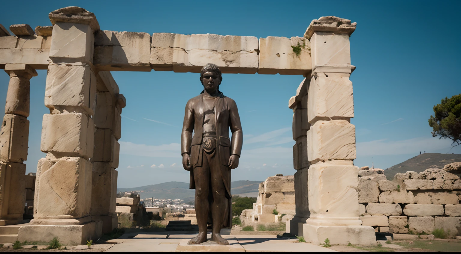 Ancient Stoic Statue With Very Angry Expression, tem barba, muitos detalhes em ambos os olhos, Outside, fundo atenas grego, open sky, com rosto extremamente detalhado full body view, Colors with low saturation with dark tone, Filmado em Sony A7S III com Sony FE 35mm f/1.8, 12.1 MP, --AR 3:2 --estilo cru