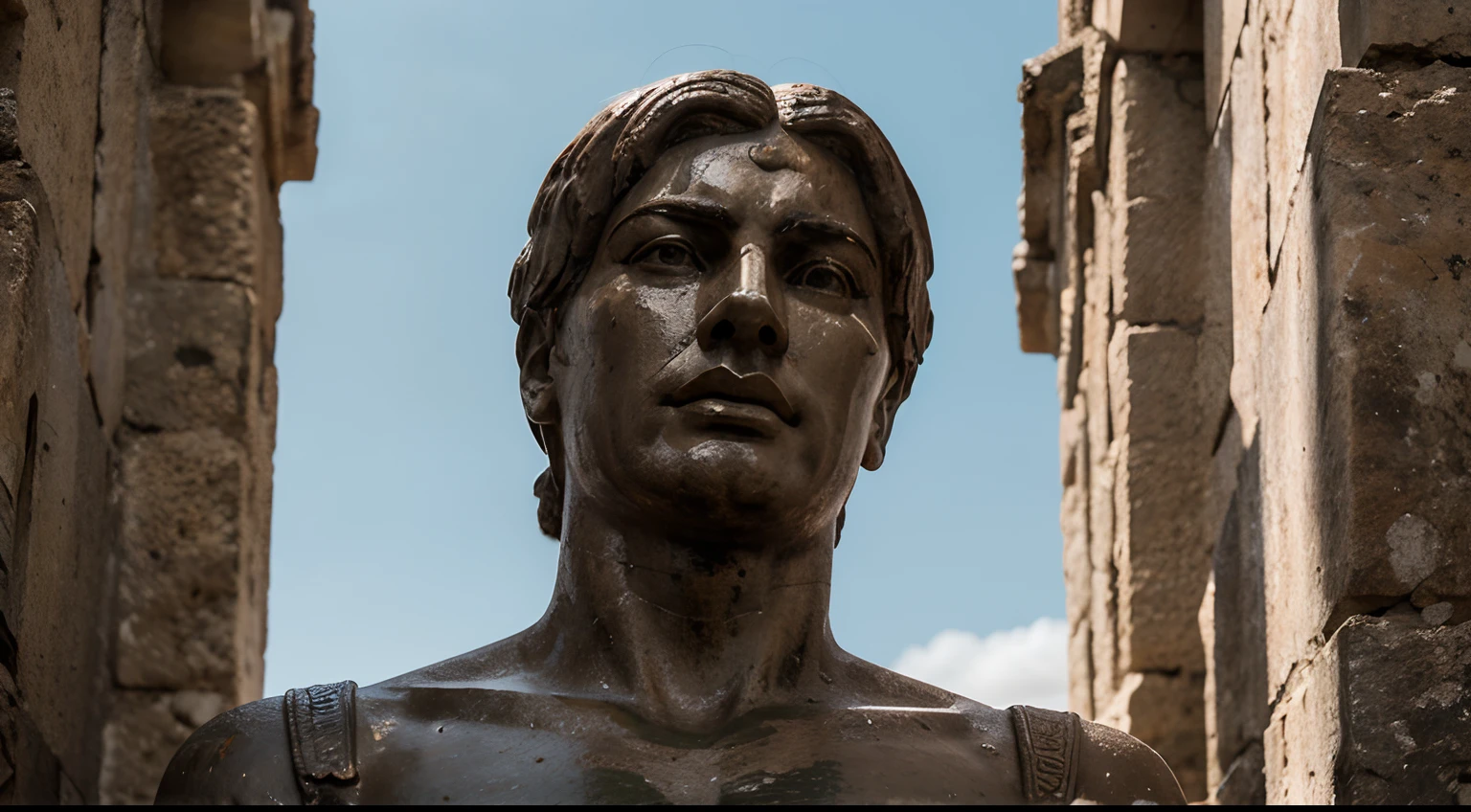 Ancient Stoic Statue With Very Angry Expression, tem barba, muitos detalhes em ambos os olhos, Outside, fundo atenas grego, open sky, com rosto extremamente detalhado full body view, Colors with low saturation with dark tone, Filmado em Sony A7S III com Sony FE 35mm f/1.8, 12.1 MP, --AR 3:2 --estilo cru