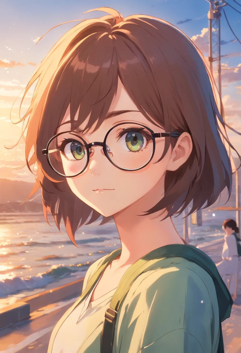 Cara redonda, wears glasses, cabelo curto e enrrolado