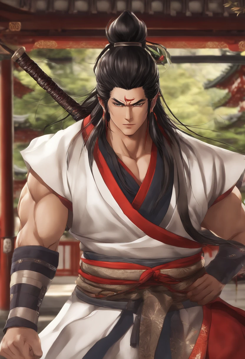 (alta qualidade, master part, Anime japones, bidimensional, Olhos bonitos, Antecedentes extremamente detalhados, Papel de parede 8K, Rosto extremamente detalhado) tio, Corpo levemente gordinho, strong muscles, hopeful eyes, olhos brilhantes, olhos castanhos, mature and steady, sofisticado, mangas curtas brancas, Retrato de Onmyoji, Miyamoto Musashi, arte detalhada do personagem de anime, Pavilion background