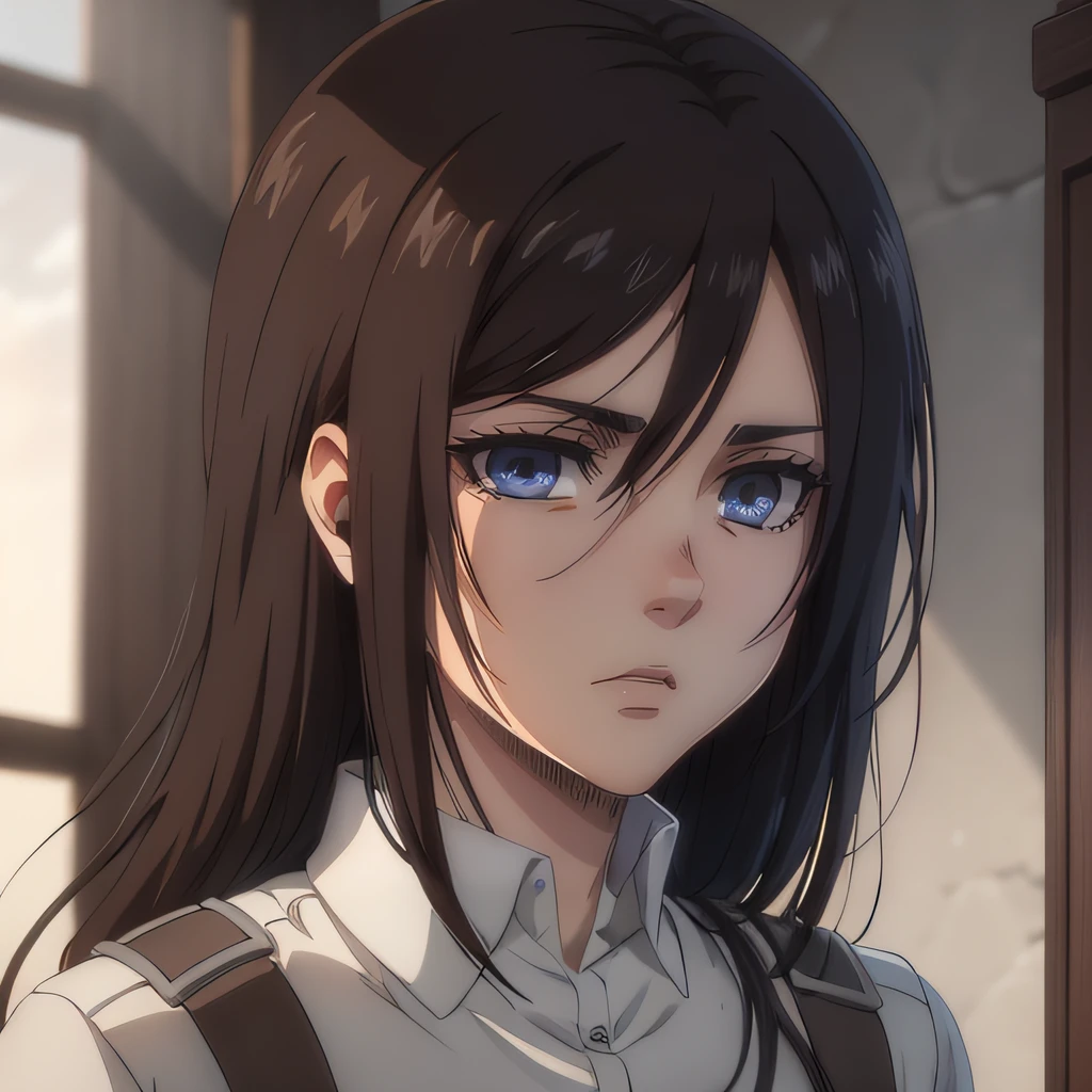 Mujer, Mikasa Ackerman, cabello muy largo, (brown-hair: 1.3), scowling, patillas, scowling, expresion enfadado, Brown bangs with brown hair on the forehead, Pelo muy largo, Long brown hair and blue eyes, Dressed in the uniform of the Legion of Reconnaissance, Small Eye Size, forma de cara delgada, camisa de lino blanca, pantalones negros, correa para muslo, camisa de lino blanca, tiene ojos rasgados y una nariz respingada, pechos medianos, cuerpo tonificado, solamente, Brown bangs with brown hair on the forehead, Pelo muy largo, Short brown hair and blue eyes, has Asian eyes and a upturned nose, fondo de noche, solamente, labios, solamente, obra maestra, Plano medio, retrato, Altamente detallado, mejor calidad, Dramatic lighting