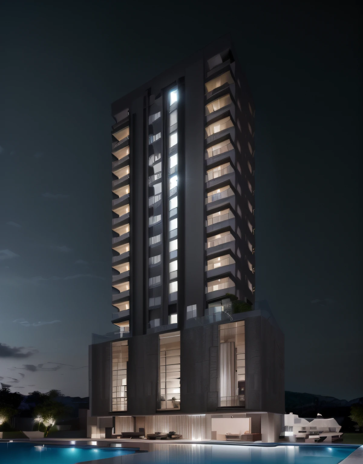 Luxury building, Open Space Loft Villa de vidro, moderno, Dynamic (Foto RAW, real, melhor qualidade, piece of master:1.2), (Ultra photo realism, realista:1.2), alta qualidade, (iluminação sky night dark:1.2), Uplighting, Layout, varandas