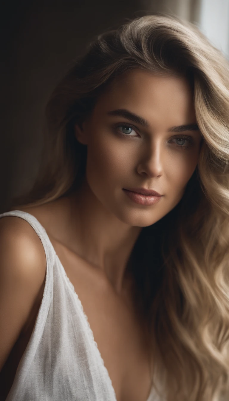 Femme arafed avec débardeur et culotte assortis, longs cheveux blonds, fille sexy aux yeux vert, Portrait Sophie Mudd, cheveux blonds et grands yeux, Selfie d’une jeune femme, Yeux de chambre, Violet Myers, sans maquillage, maquillage naturel, Regarder directement la caméra, Visage avec Artgram, Maquillage subtil, Superbe photo du corps entier, dans la chambre, clivage