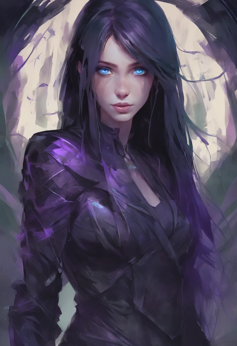 a girl with blue eyes, dark purple long straight hair, fair skin and freckles and a lip piercing, wearing black clothes
