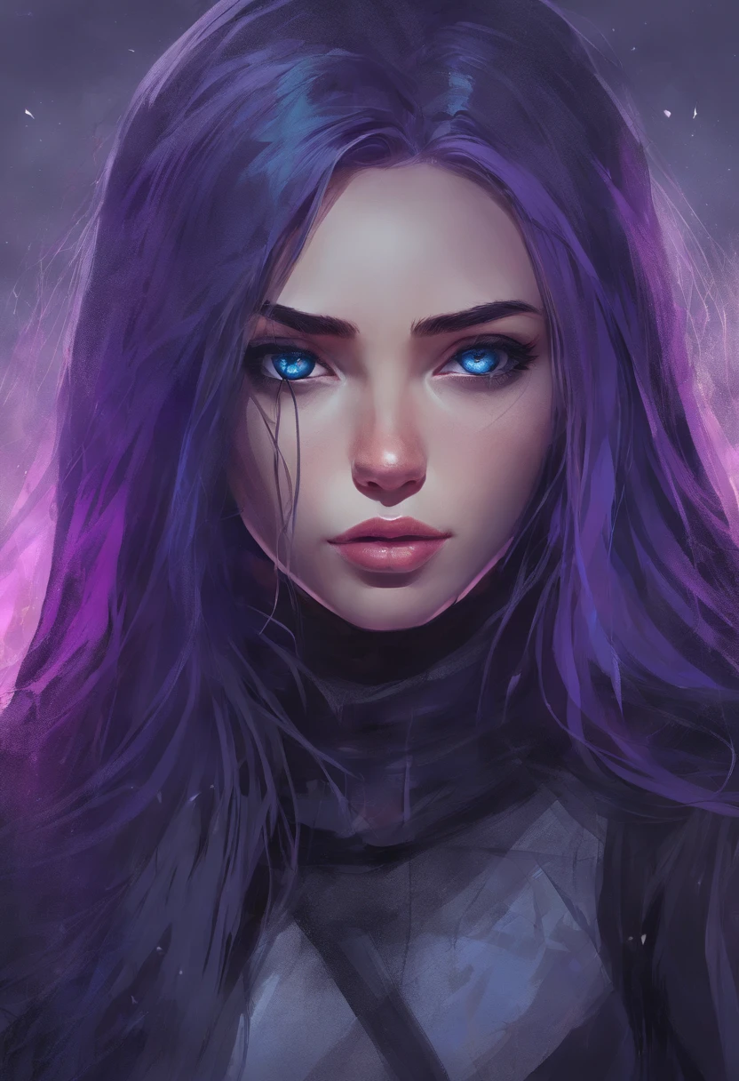 a girl with blue eyes, dark purple long straight hair, fair skin and freckles and a lip piercing, wearing black clothes