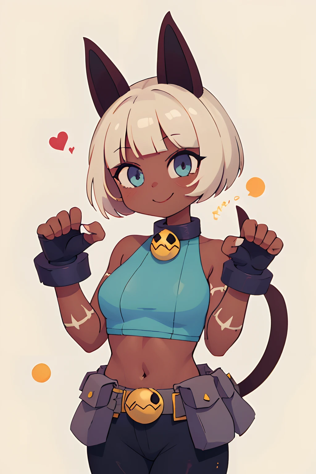 (masterpiece, best quality:1.2), solo, 1girl, sgmsfortune, dark skin, dark-skinned female, smile, looking at viewer, paw pose, bob cut, crop top, fingerless gloves, collar, bell, belt, pouch, cat tail