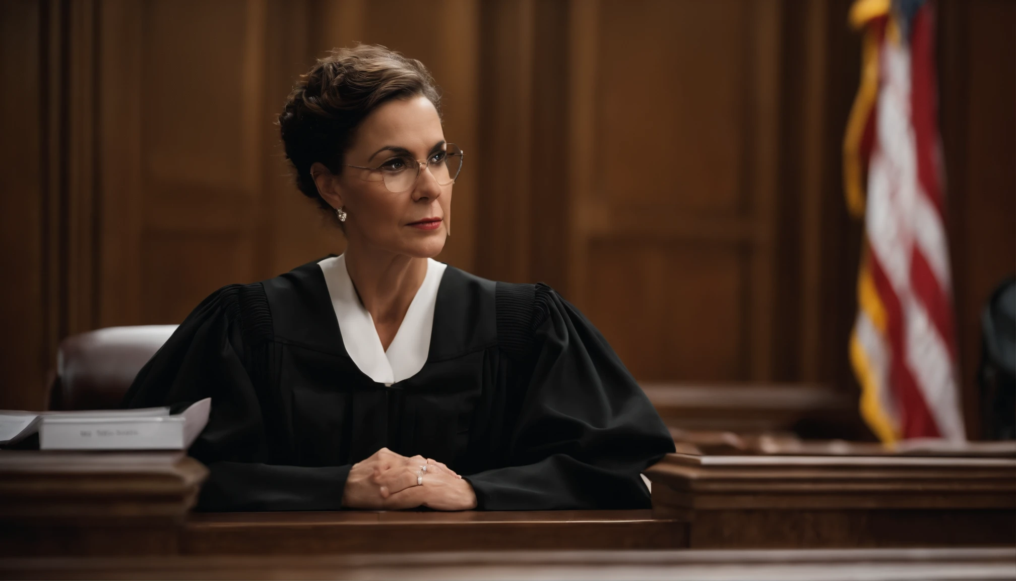 Describe a female judge in a courtroom using detailed language. Include information about physical appearance, como cabelo, Eyes and facial expression, as well as the typical attire of a judge. Emphasize traits that highlight your authority and impartiality in court.