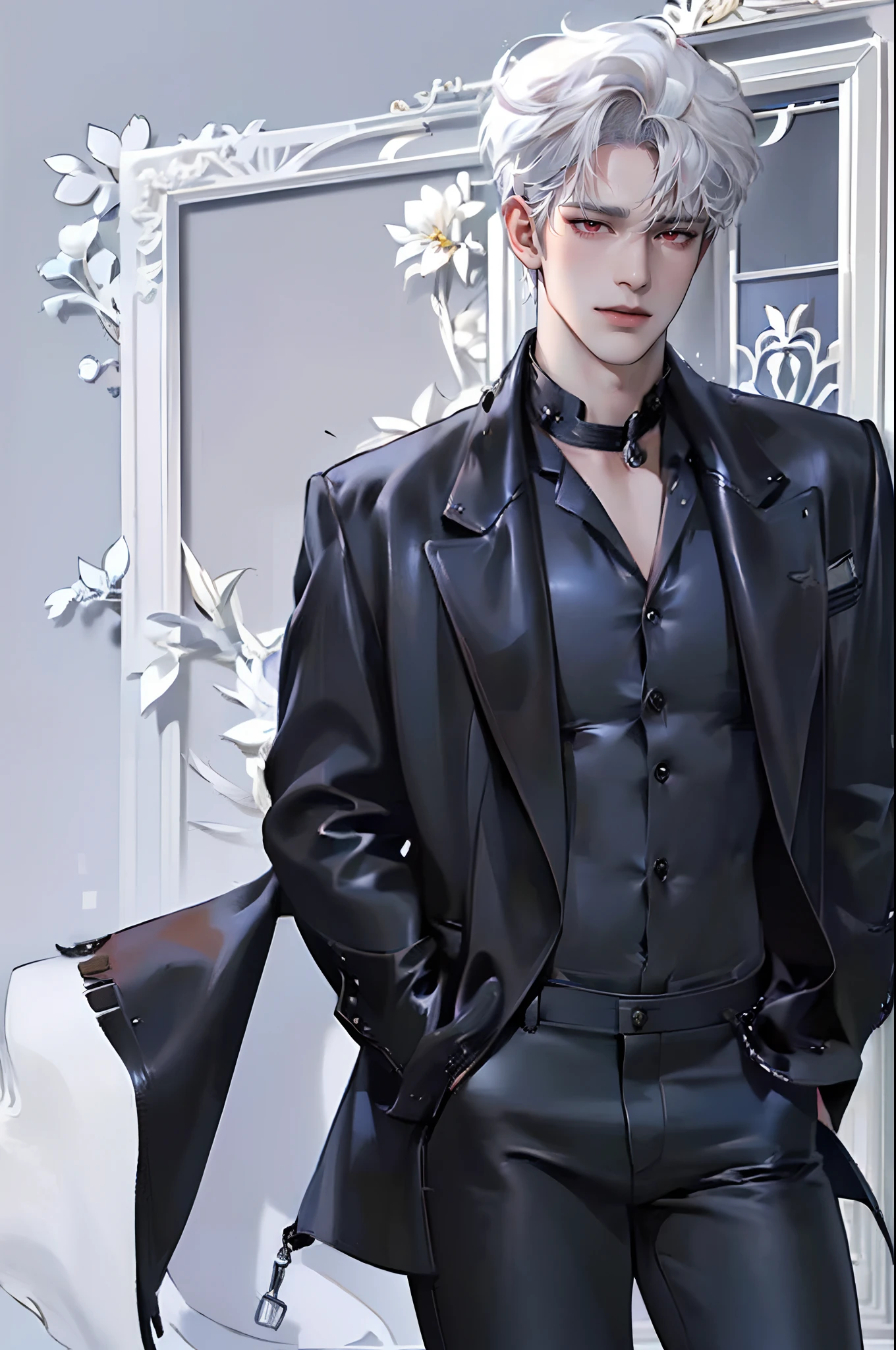 (4K works))、masterpiece、(top-quality)、((In front of the department store))、Korean Male、Adult male、((Adult 50 years old))、((Adult uncle type))、((Leather Jeans Style))、((Face similar to Hyunjin))、Cool Men、tall、((Gentle face))、((Cool werewolf fashion in black))、((Long sleeve long trouser style))、((Smaller face))、Slim body、((Uncle))、((white hair))、((white short-haired))、((Red Eyes))、((shot from front))、((Shot alone))、((Solo Photography))、Professional Photos、((Reach out to your audience))、((He walks in front of the viewer))、((dad bod))、