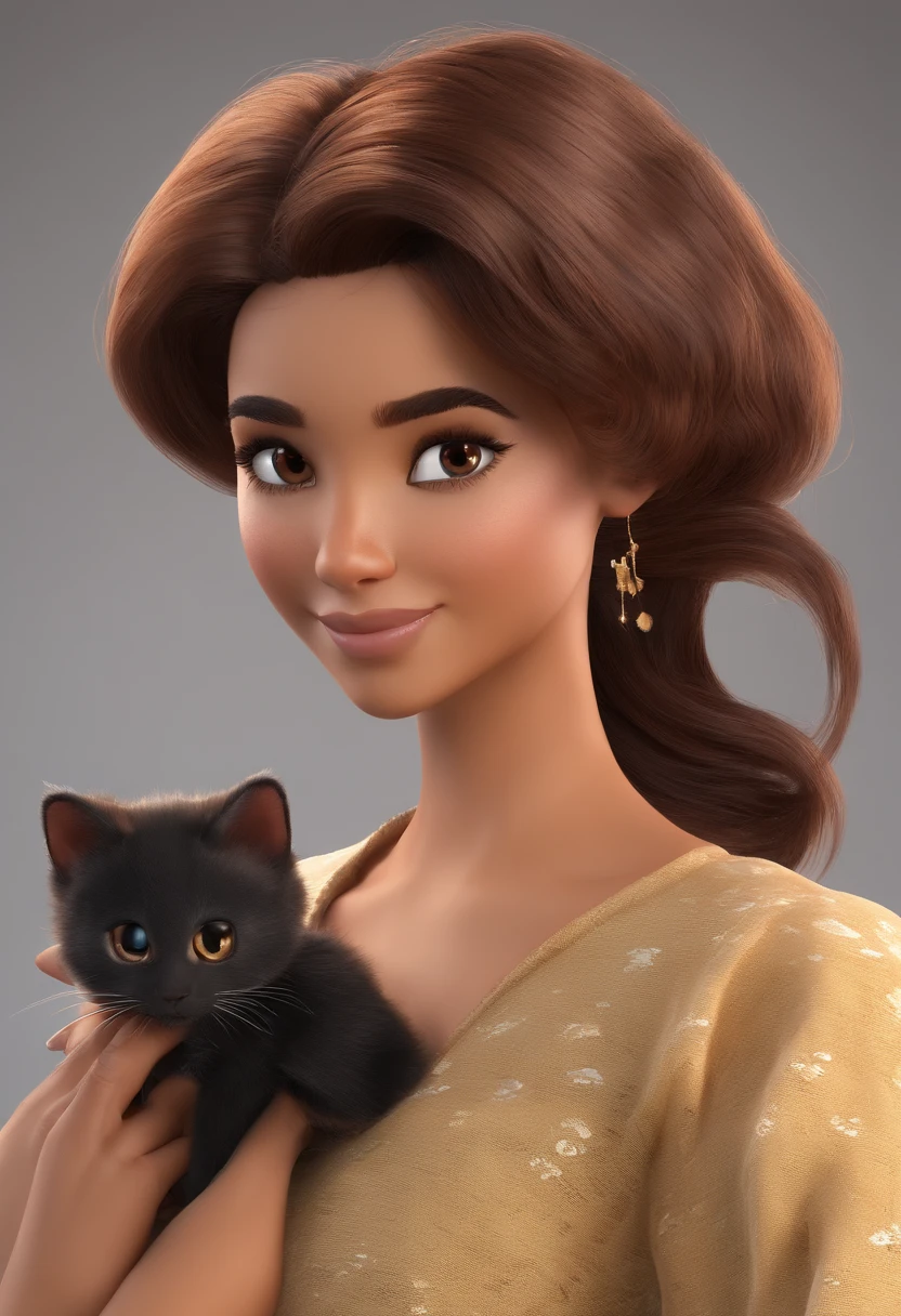 Uma menina bonita com cabelo cacheado grande com franja e castanho escuro, Dark eyes and medium brown skin, em uma casa de bruxa com dois gatos um preto e outro branco