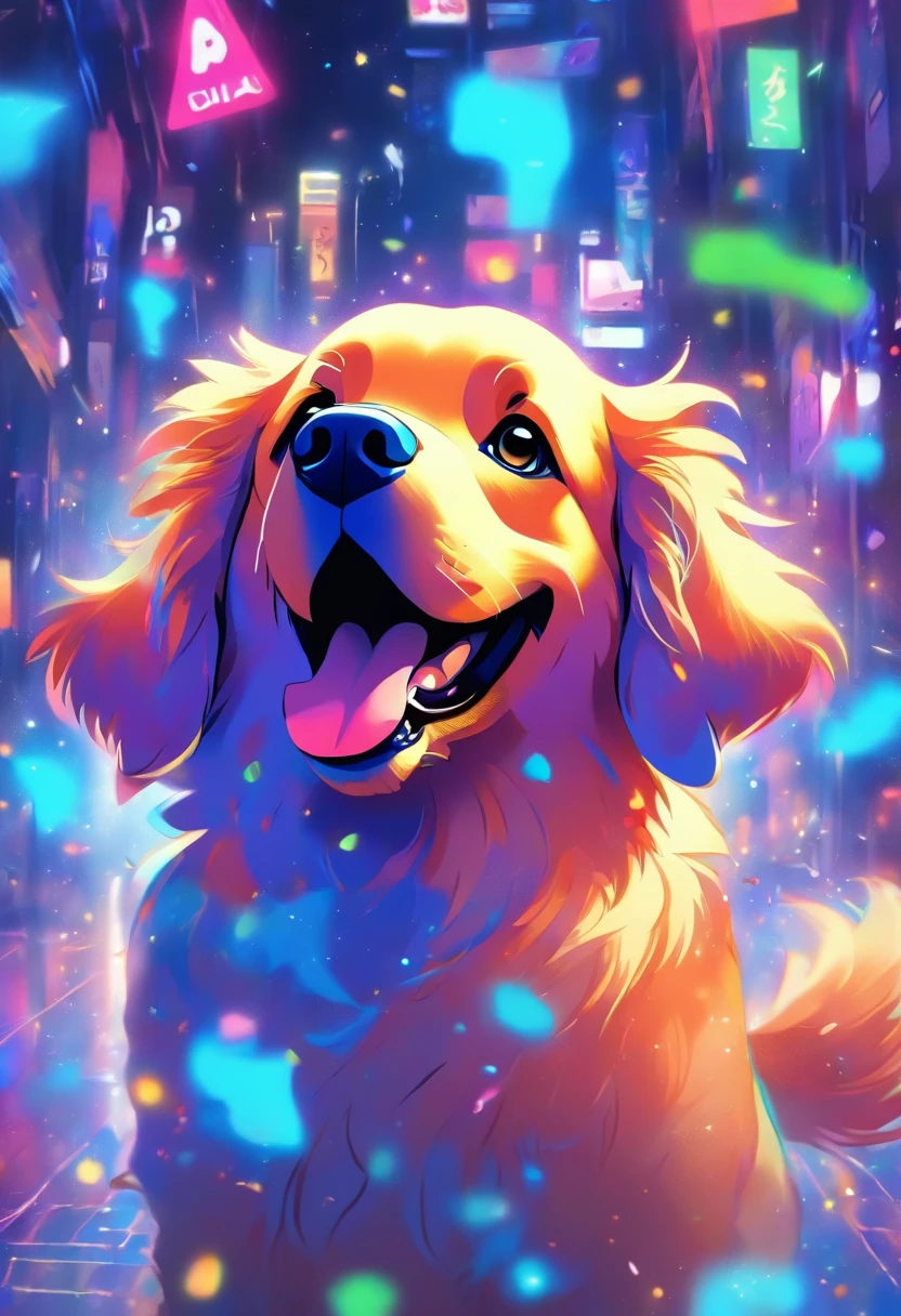 Make colorful pixar drawings of a Golden Retriever dog, com uma tag azul com seu nome AIBO