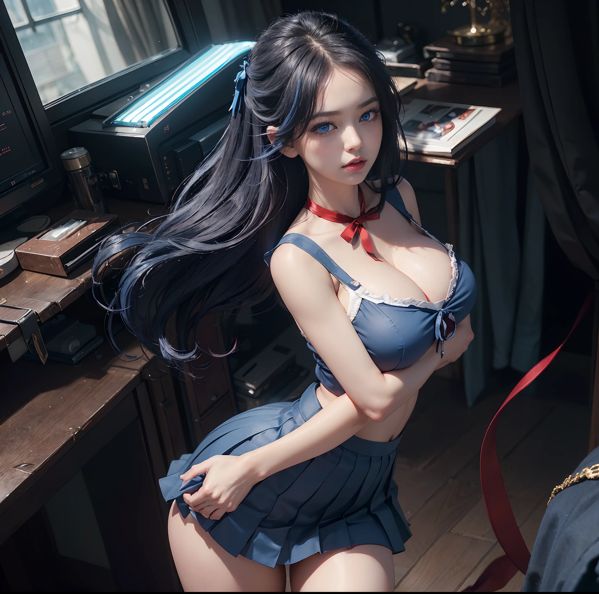 top-quality, 4K picture quality, masterpiece, Professional lighting without shadows, A hyper-realistic, perfect anatomia, Two girls, ( with perfect body、Colossal breasts with tension:1.3), Bright and even whitening skin without wrinkles and steps, (Reflects a lot of light with bright and beautiful blue eyes with long eyelashes and plump red tear bags:1.4)、 Cute hairstyles, (Their costumes are:、Dress up the ultra-thin fabric tight-fitting school girl uniform with a super short super mini pleated skirt:1.3), (Proudly showing off the intricate design around the neck and the crimson ribbon tie from the front:1.3), (Another girl on the other side、To beautifully emphasize the proud big butt、Show off a big butt exposed from directly behind:1.5), (Bewitching expression with sleepy half-eyes),