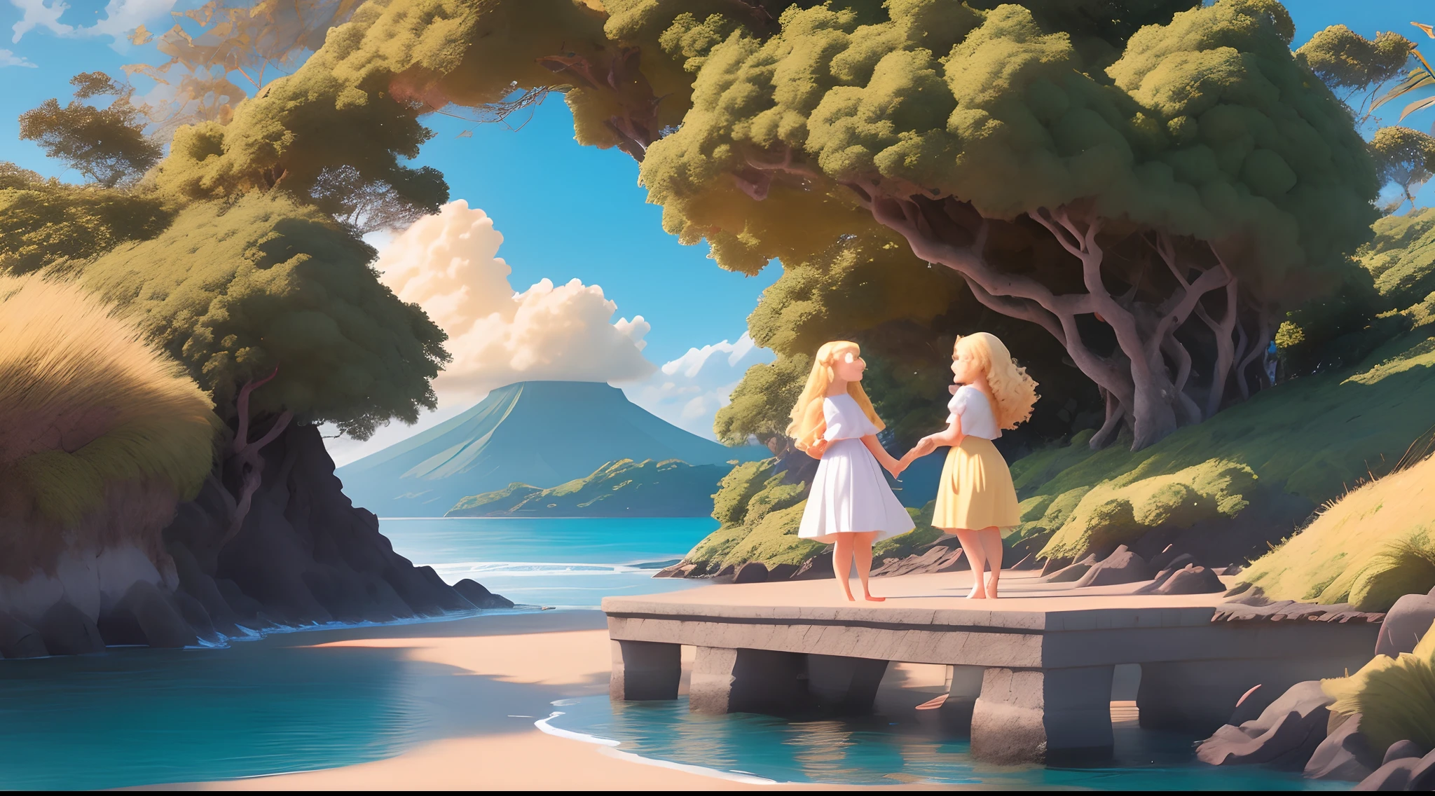 Desenhe duas meninas no estilo pixar. The setting is the big island, Angra. One is tall, ruiva, branca e de olhos castanhos, usamdo oculos de sol. The other is blonde, baixa, branca, cabelos na altura do ombro e olhos azuis.